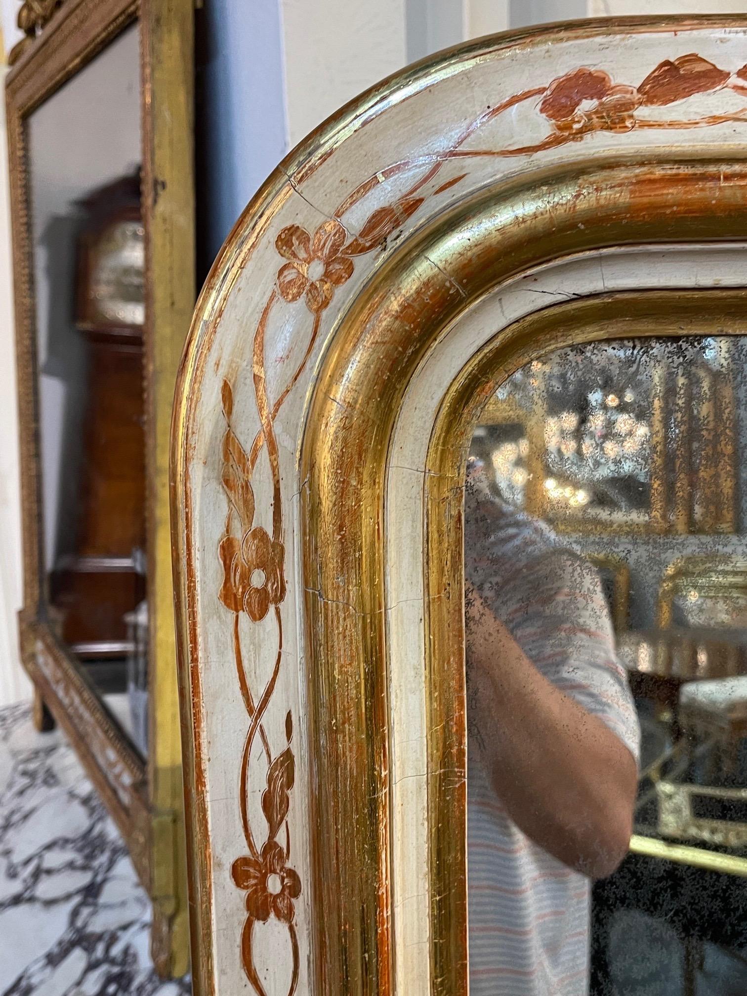 19th Century French Louis Philippe Mirror with Rare Gesso and Floral Pattern In Good Condition In Dallas, TX