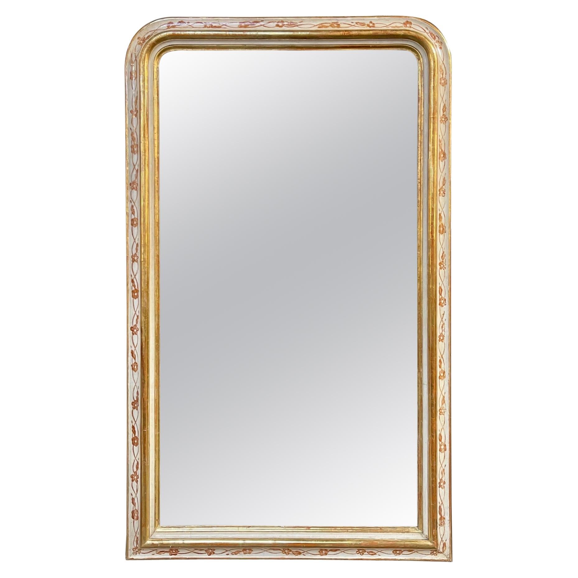 19th Century French Louis Philippe Mirror with Rare Gesso and Floral Pattern