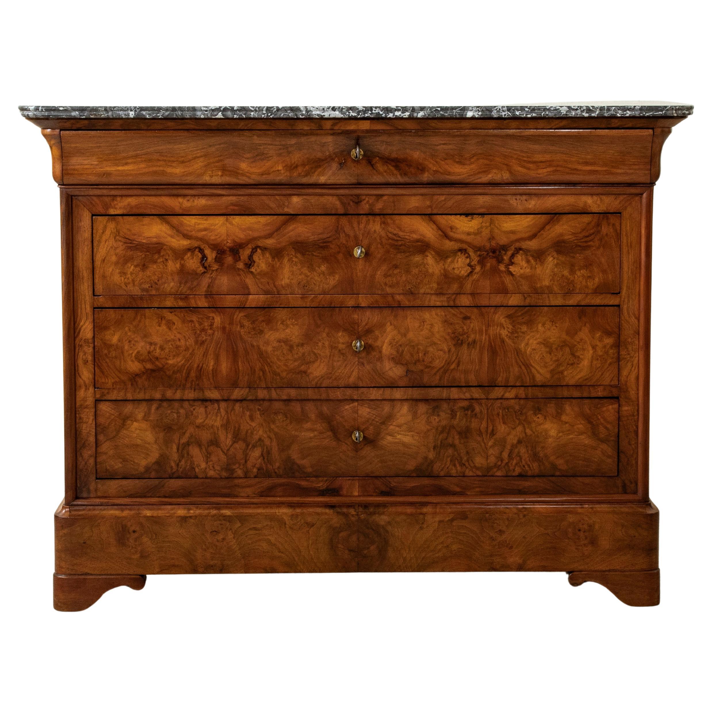 19th Century French Louis Philippe Period Book Matched Walnut Chest, Marble