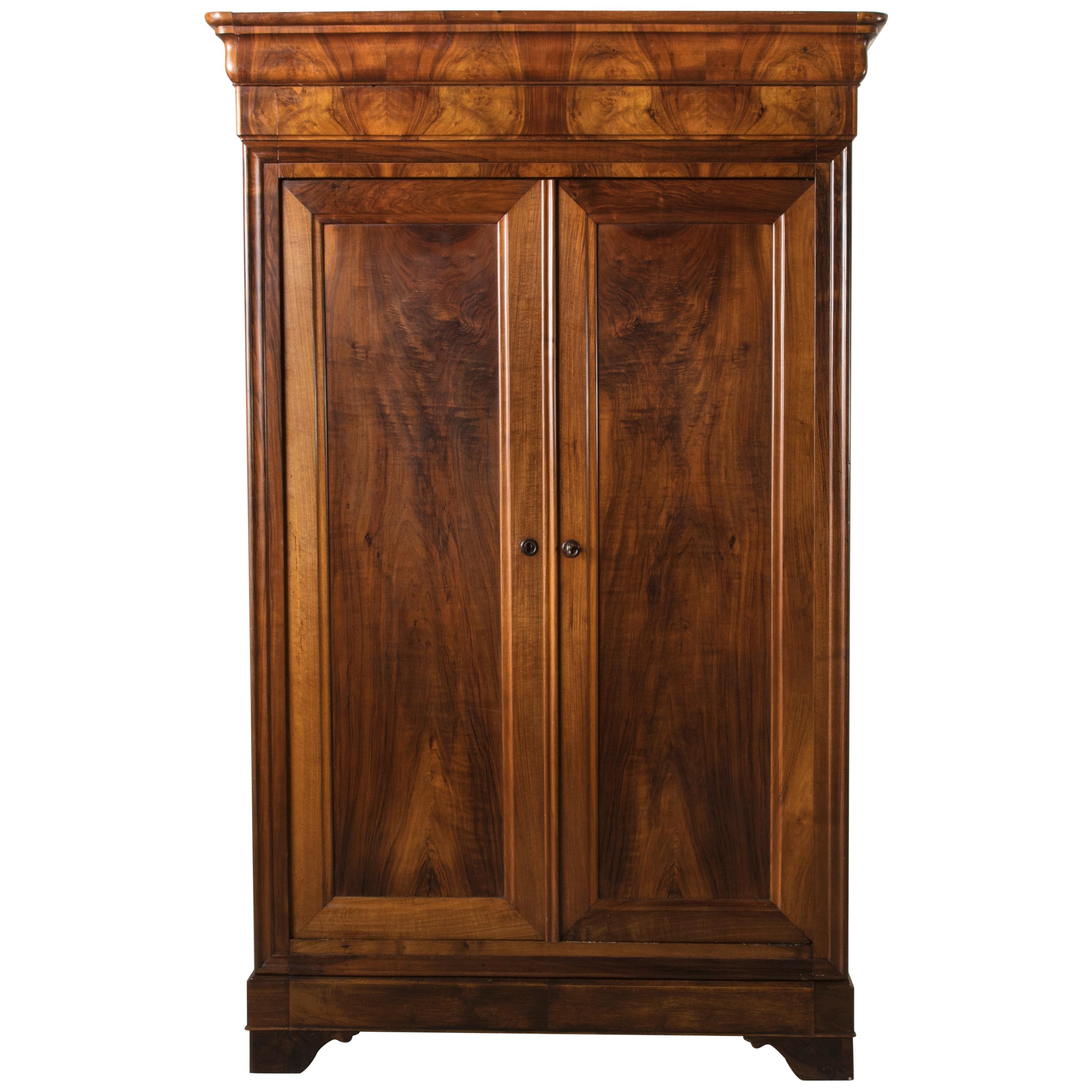 19th Century French Louis Philippe Period Bookmatched Walnut Armoire