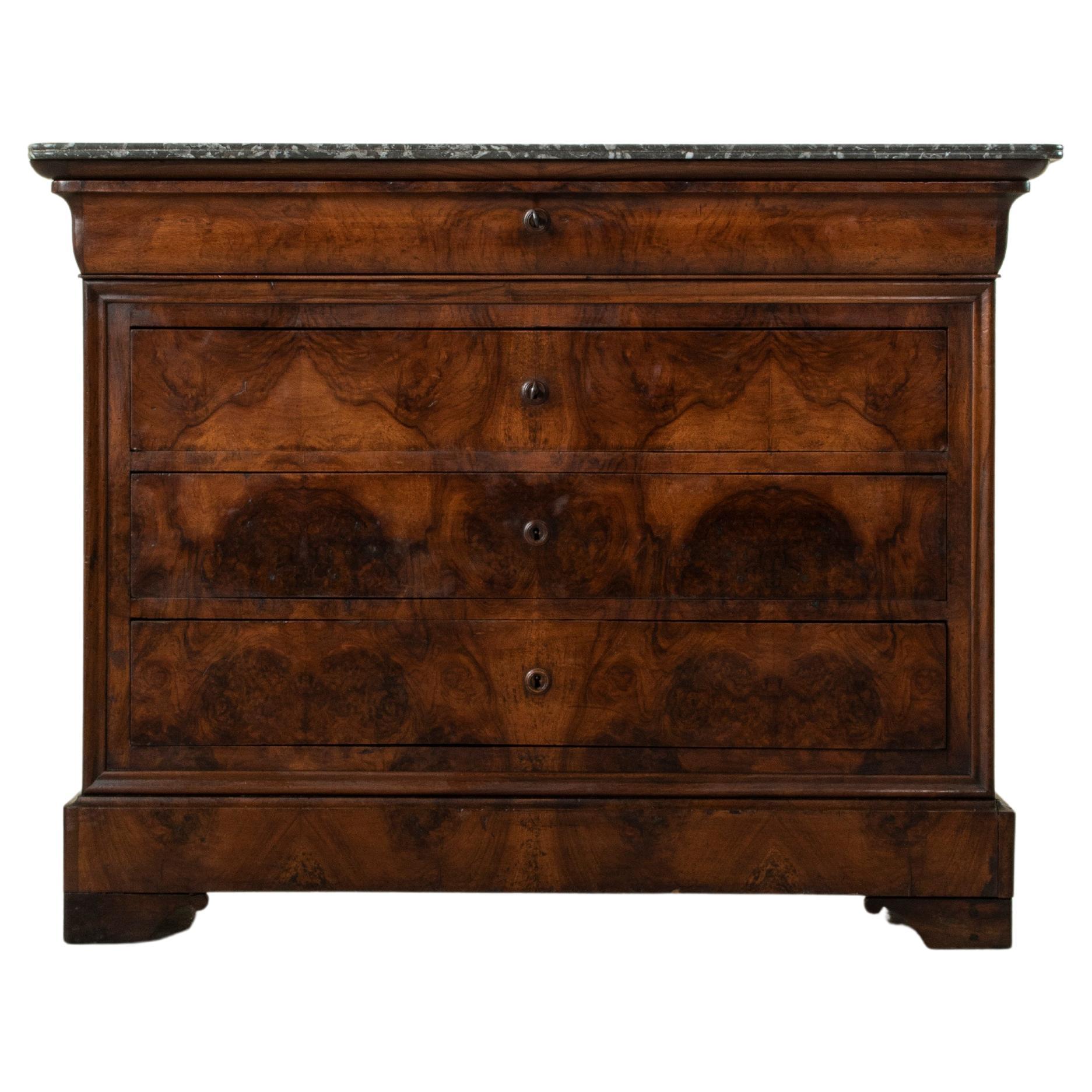 19th Century French Louis Philippe Period Bookmatched Walnut Chest, Marble Top