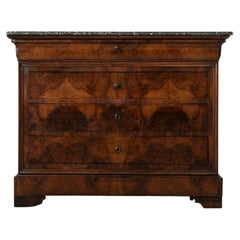 19th Century French Louis Philippe Period Bookmatched Walnut Chest, Marble Top