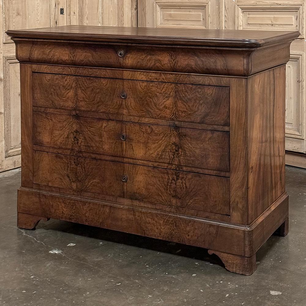 19th Century French Louis Philippe Period Burl Walnut Commode features the tailored lines and understated elegance of the breed, which has endeared the style to all sorts of interior design applications for centuries!  The rectilinear casework is