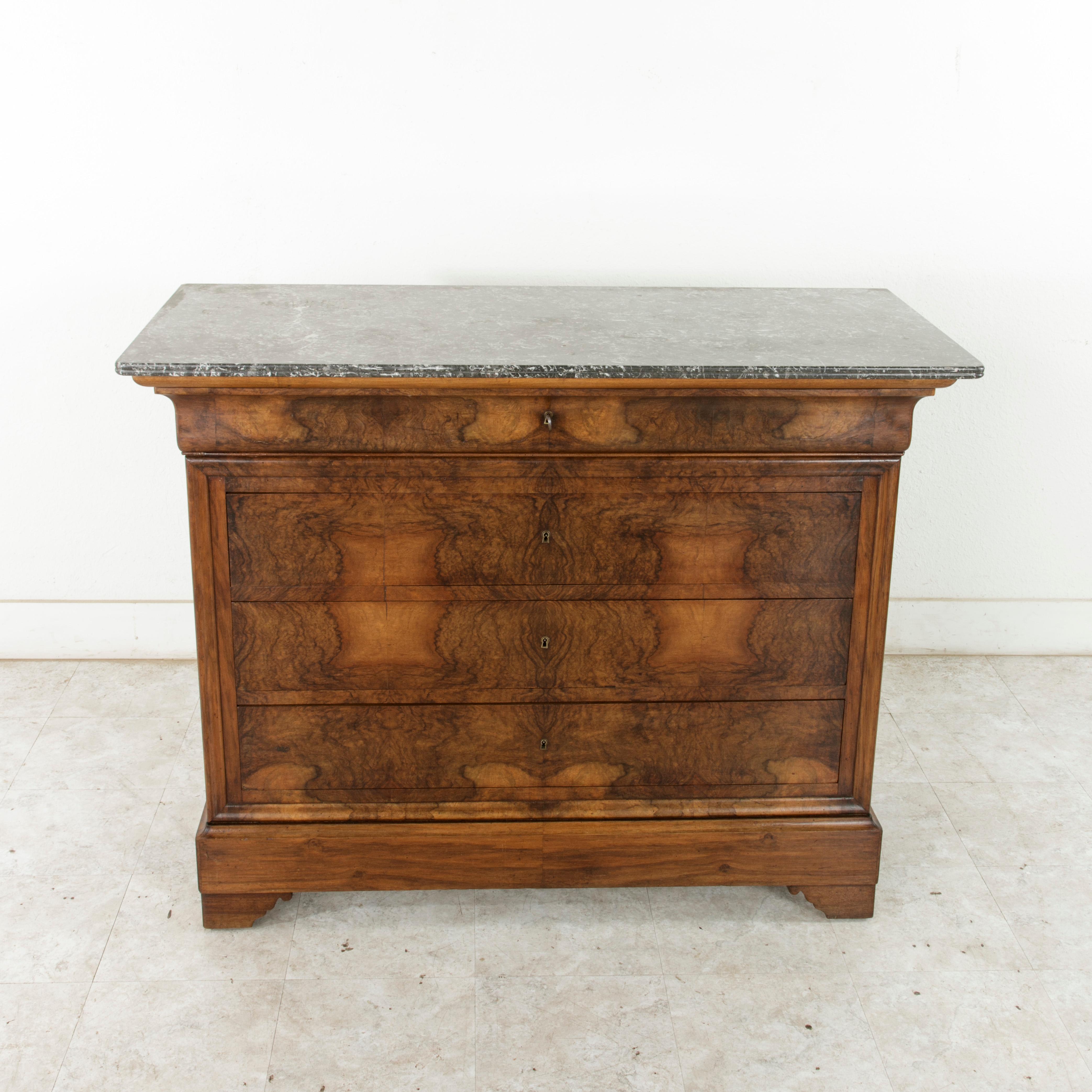 19th Century French Louis Philippe Period Burl Walnut Commode or Chest, Marble In Good Condition In Fayetteville, AR