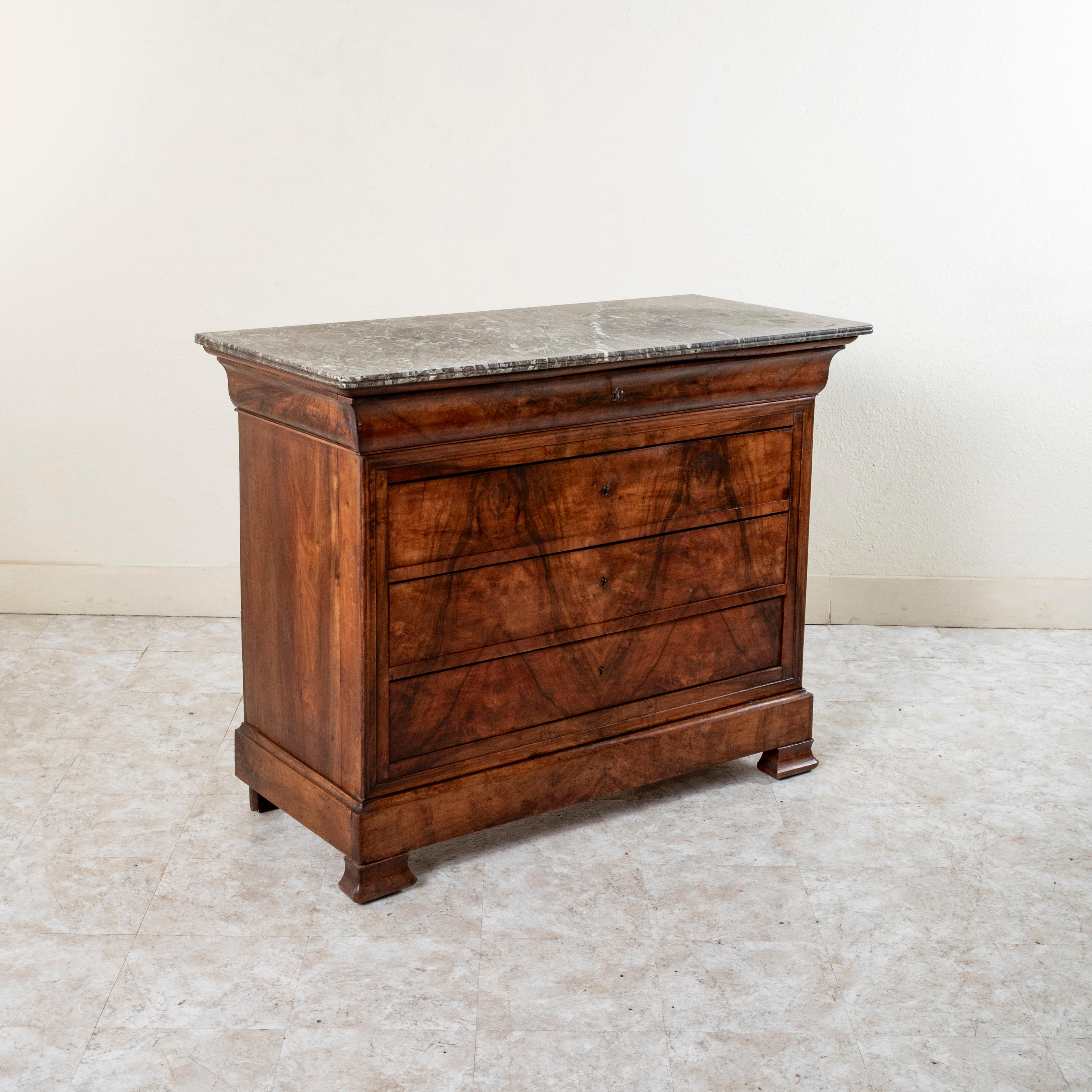 19th Century French Louis Philippe Period Burl Walnut Commode or Chest, Marble In Good Condition For Sale In Fayetteville, AR