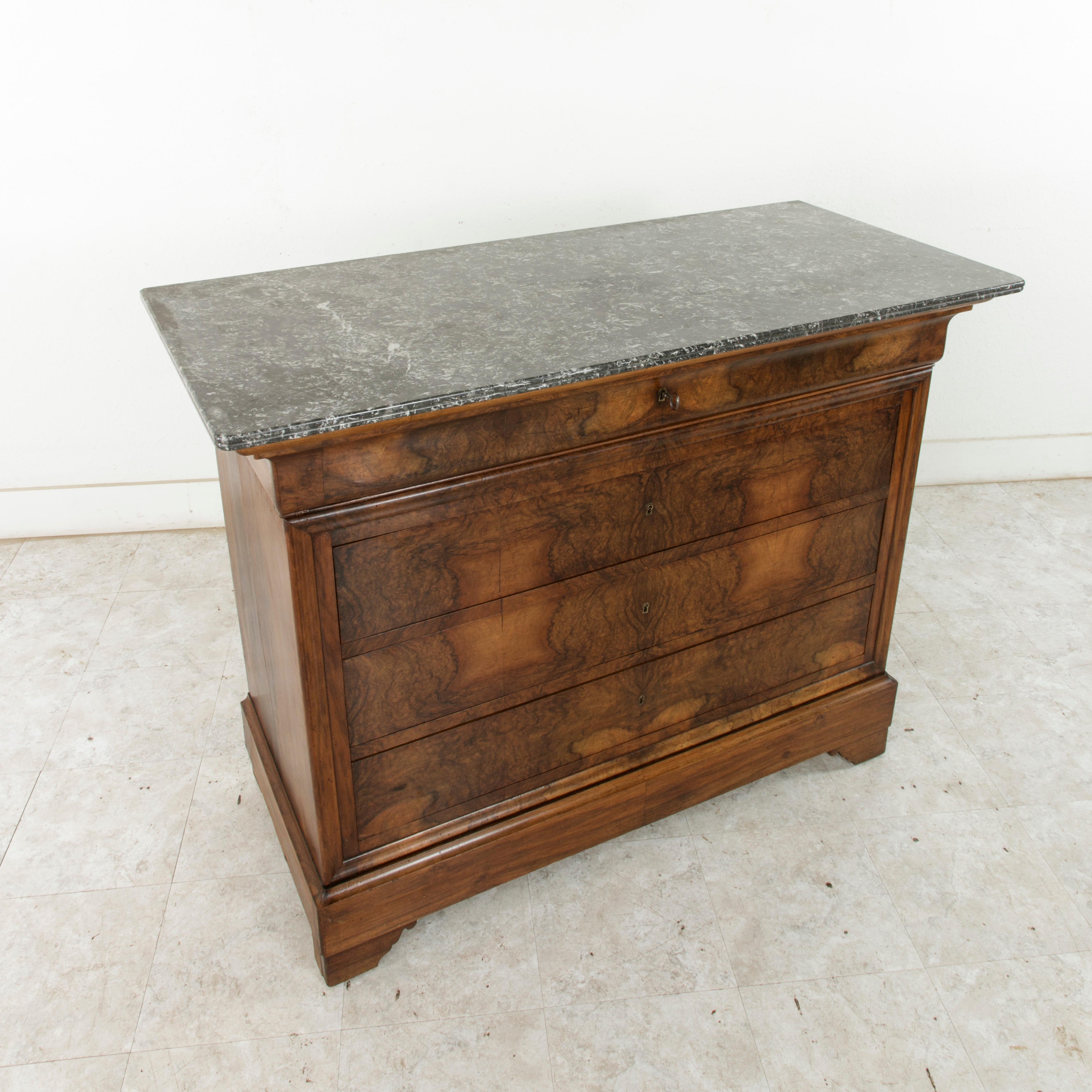 19th Century French Louis Philippe Period Burl Walnut Commode or Chest, Marble 3