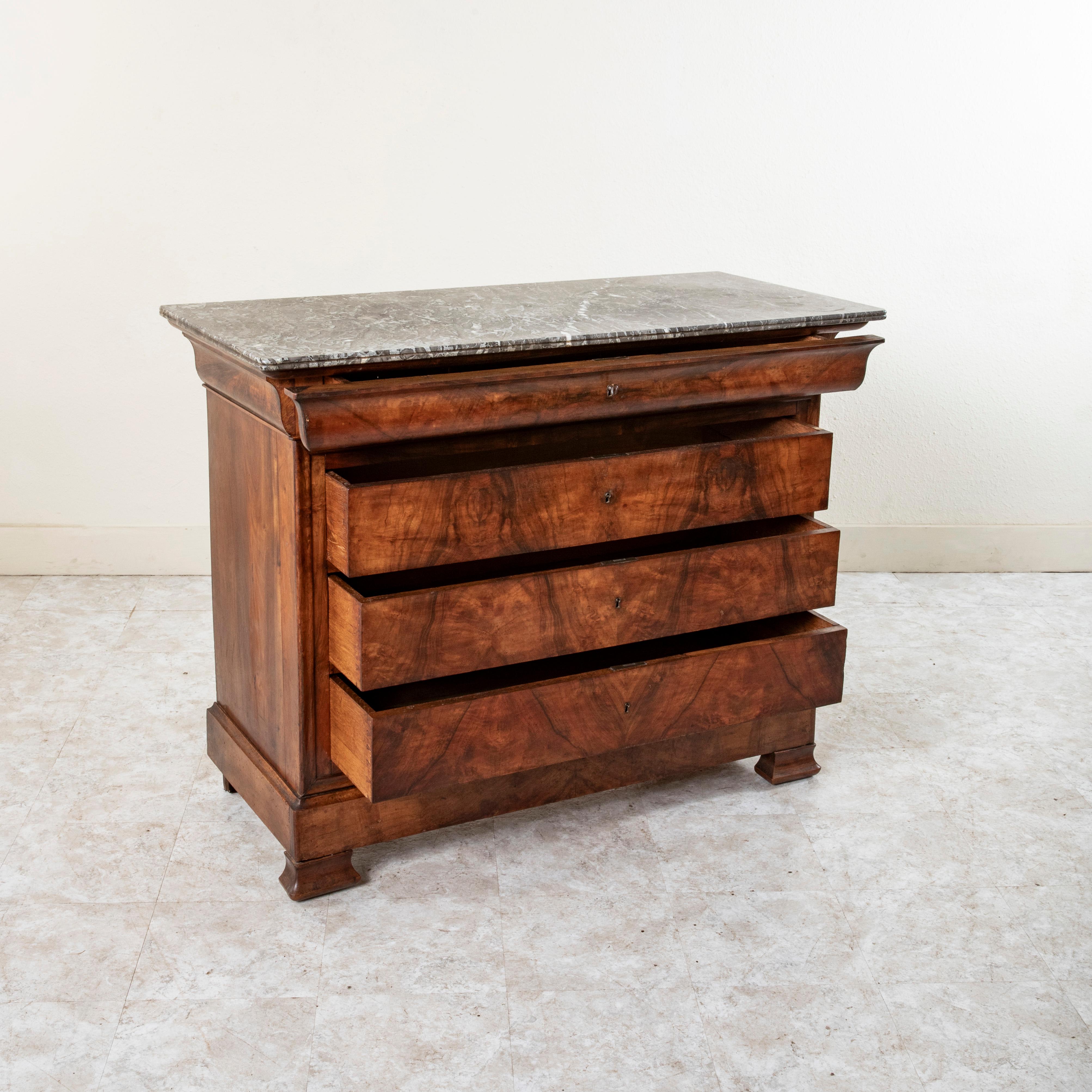 19th Century French Louis Philippe Period Burl Walnut Commode or Chest, Marble For Sale 4