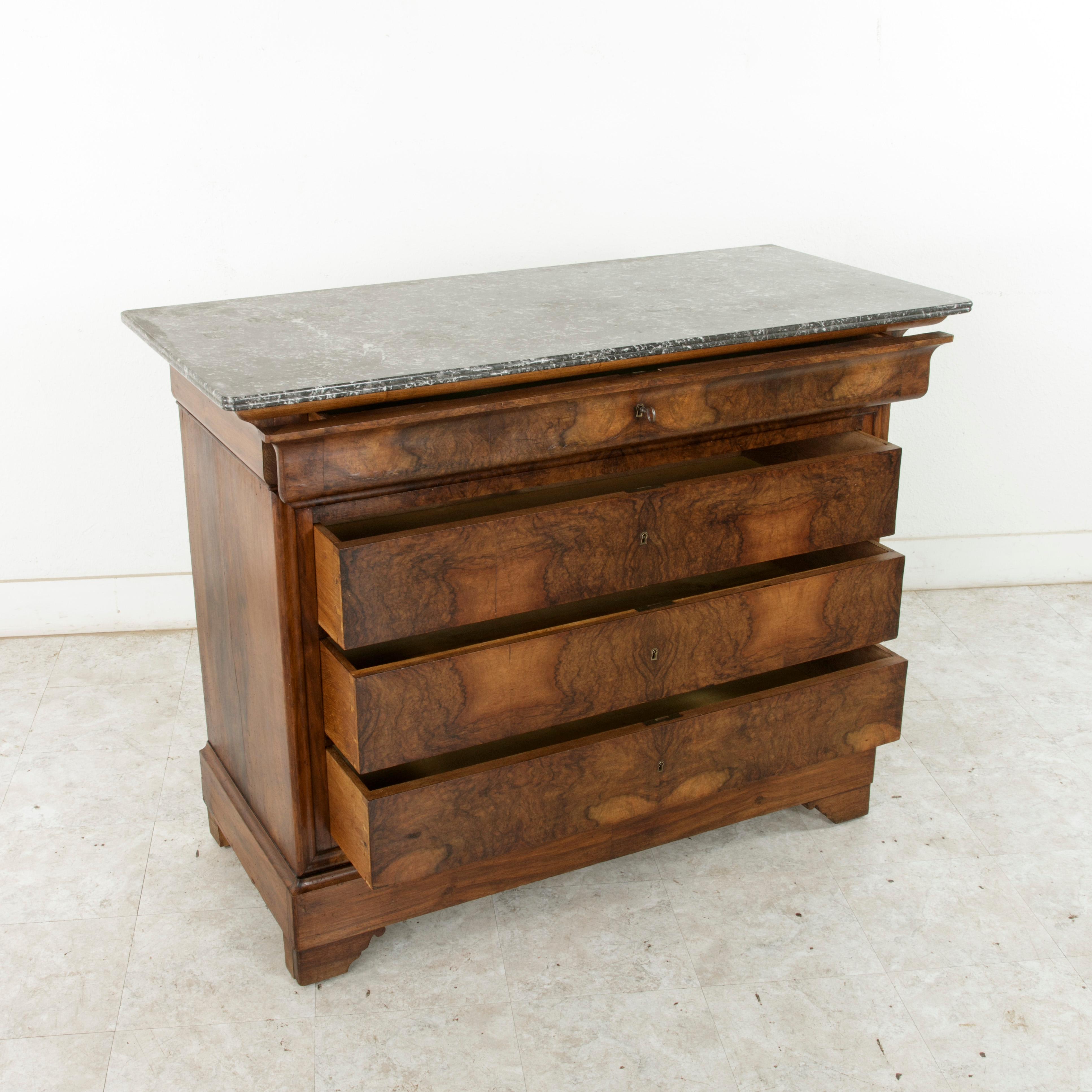 19th Century French Louis Philippe Period Burl Walnut Commode or Chest, Marble 4