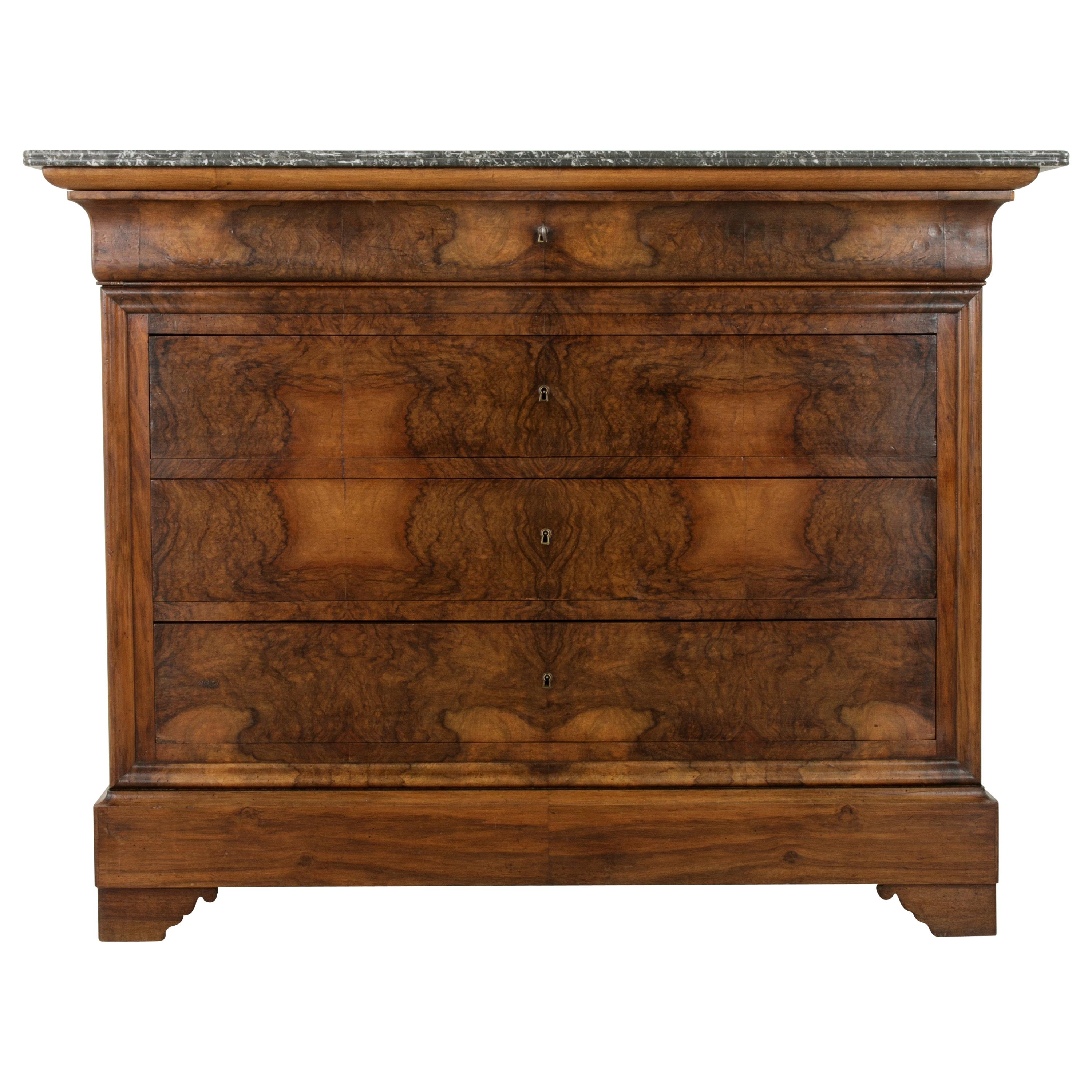 19th Century French Louis Philippe Period Burl Walnut Commode or Chest, Marble