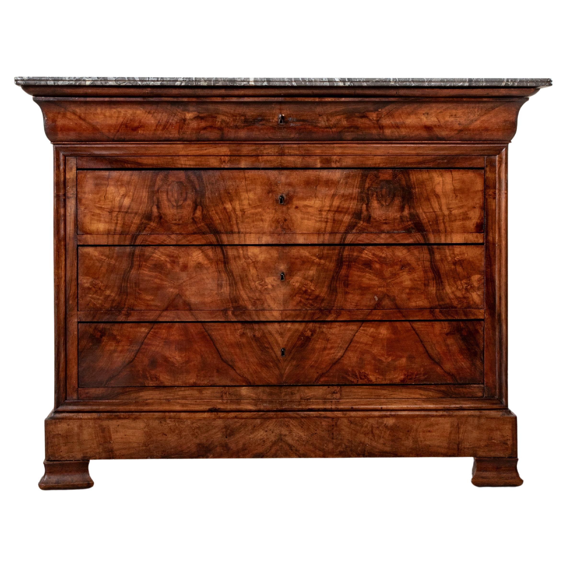 19th Century French Louis Philippe Period Burl Walnut Commode or Chest, Marble For Sale