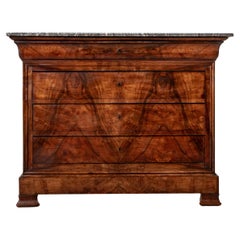 Antique 19th Century French Louis Philippe Period Burl Walnut Commode or Chest, Marble