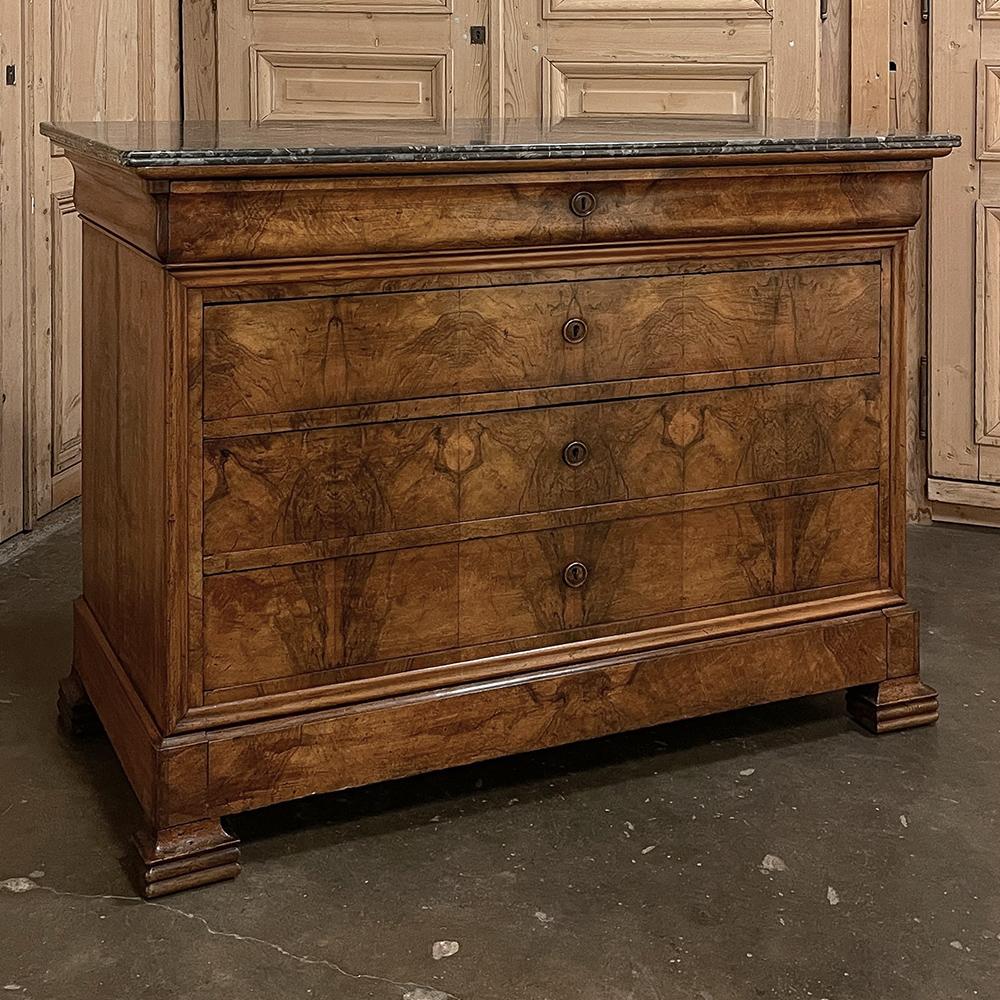 19th Century French Louis Philippe period burl walnut marble top commode is a splendid example of the genre, which represented an abrupt departure from the excessive style flair of the preceding monarchy, instead using tailored architecture to