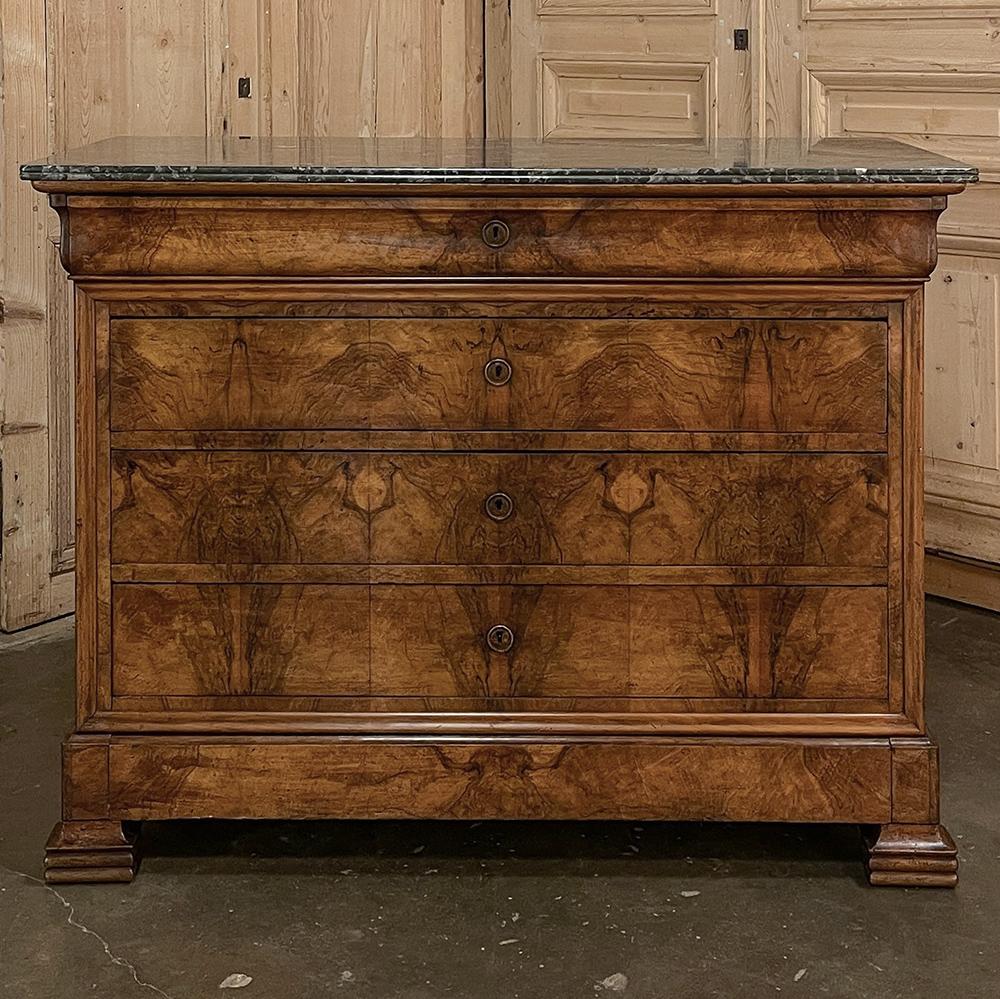 Hand-Crafted 19th Century French Louis Philippe Period Burl Walnut Marble Top Commode