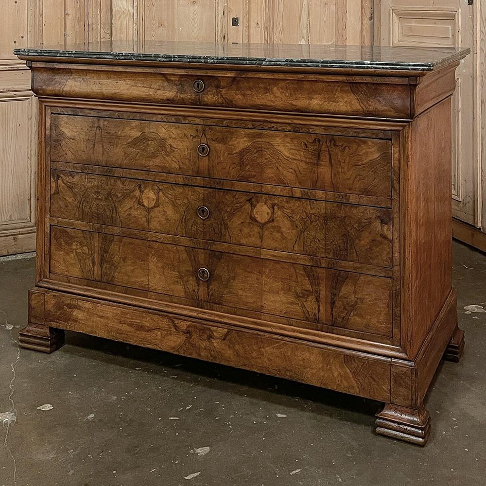 19th Century French Louis Philippe Period Burl Walnut Marble Top Commode In Good Condition In Dallas, TX