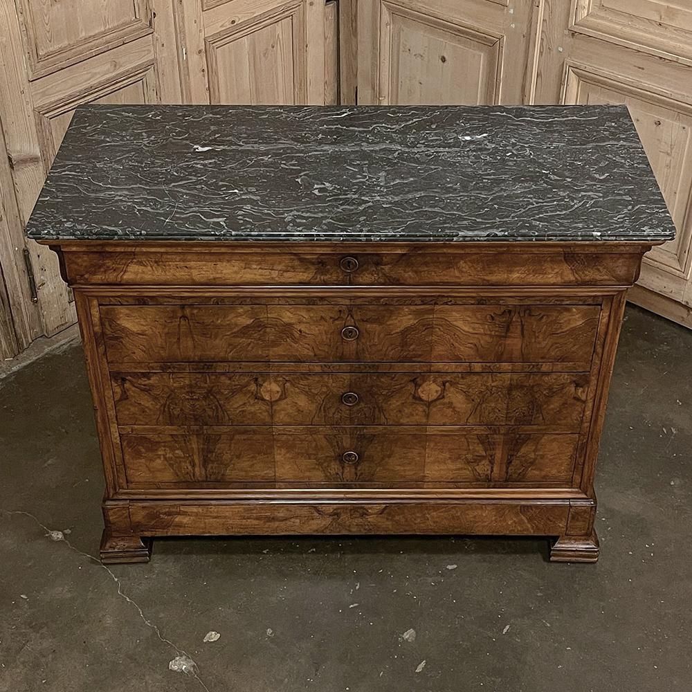Mid-19th Century 19th Century French Louis Philippe Period Burl Walnut Marble Top Commode