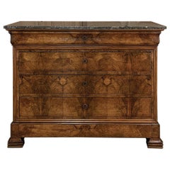 19th Century French Louis Philippe Period Burl Walnut Marble Top Commode