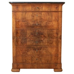 19th Century French Louis Philippe Period Burl Walnut Semainier Dresser, Marble