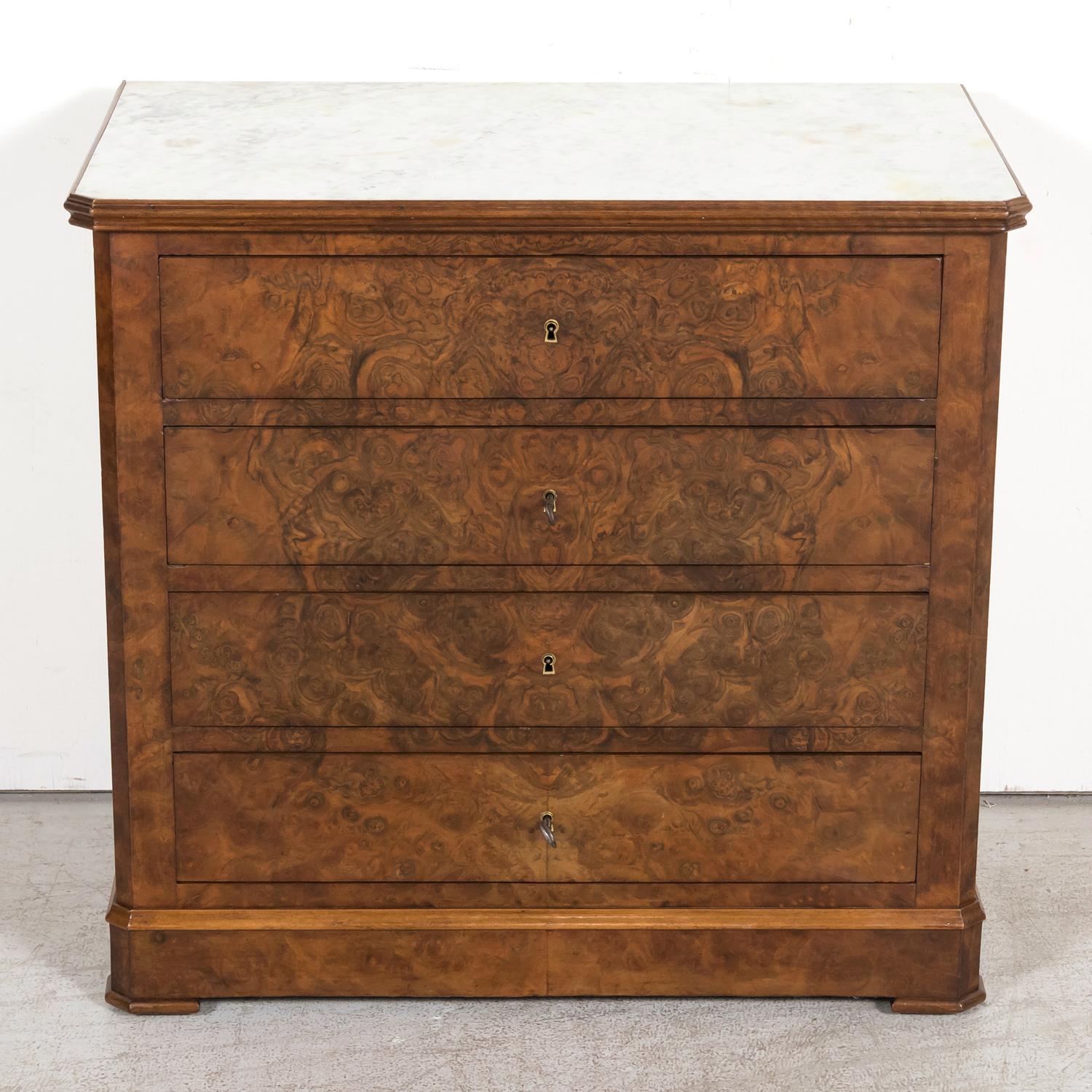 19th Century French Louis Philippe Period Burled Walnut Commode with Marble Top In Good Condition In Birmingham, AL