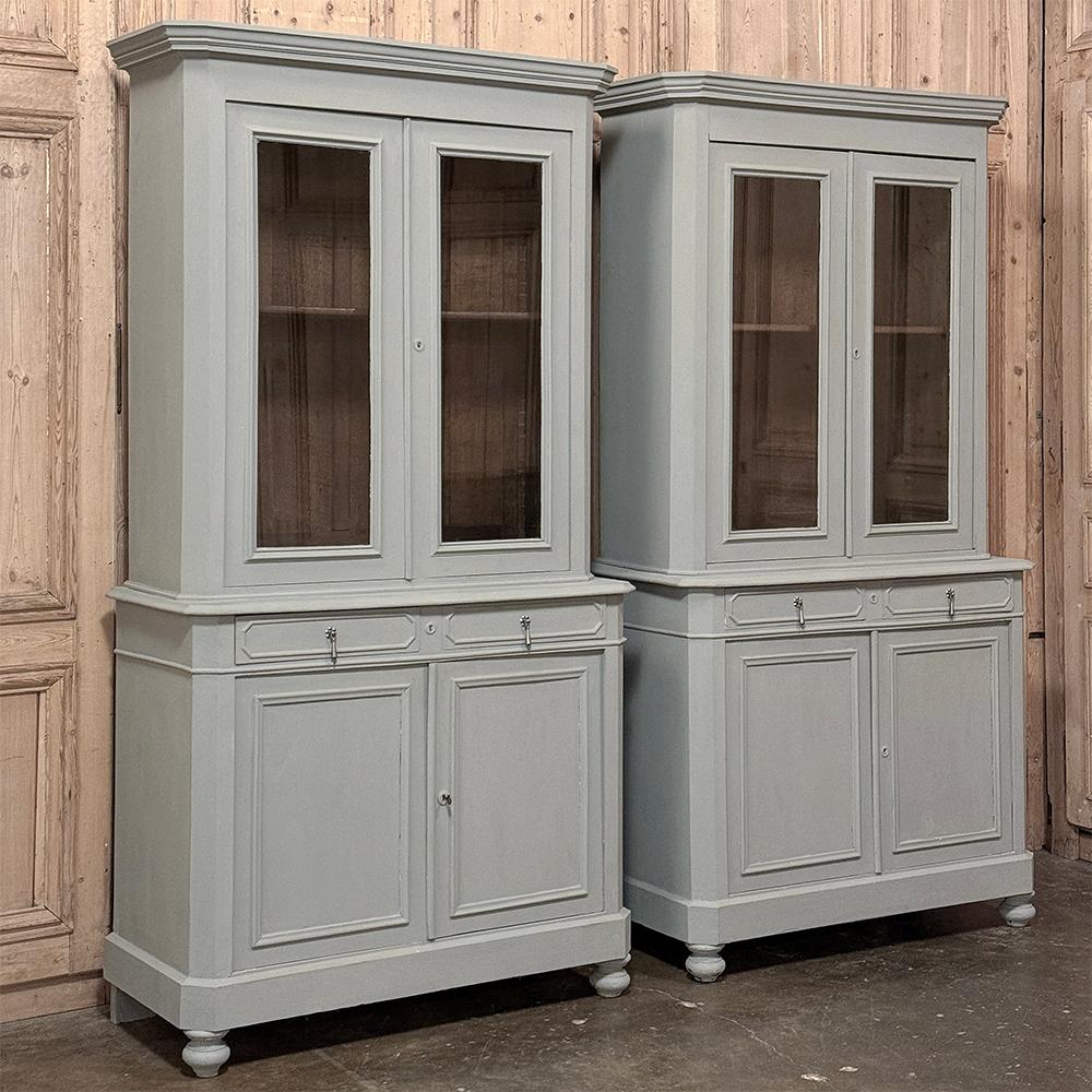 PAIR 19th Century French Louis Philippe Period Painted Bookcases ~ Display Cabinets is a rare find indeed!  Perfect for creating symmetry to a room, each of the 
