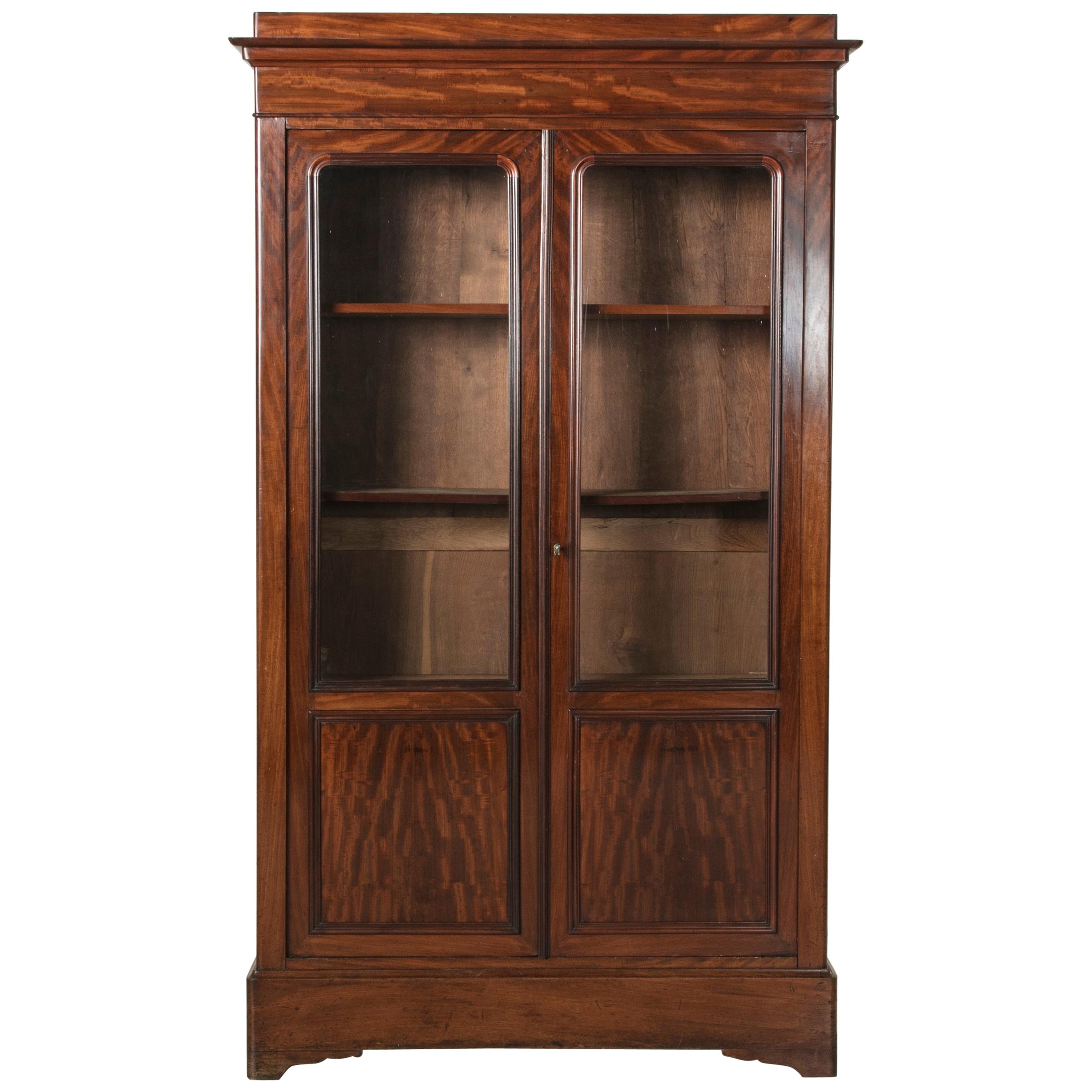 19th Century French Louis Philippe Period Mahogany Bookcase Vitrine, Blown Glass