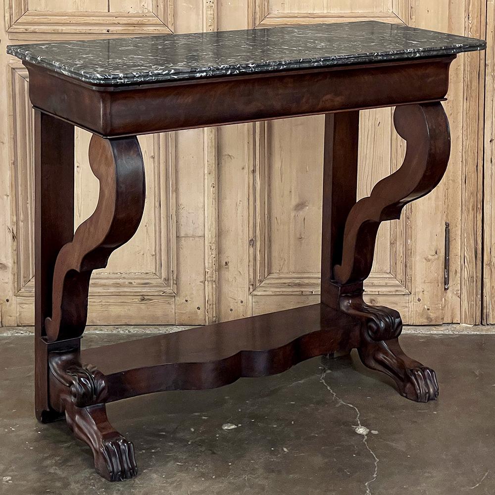 19th Century French Louis Philippe Period Mahogany Marble Top Console is a rarity in all original condition!  The sumptuous mahogany imported from the Americas during this period is incomparable in quality and beauty, and the able craftsmen have