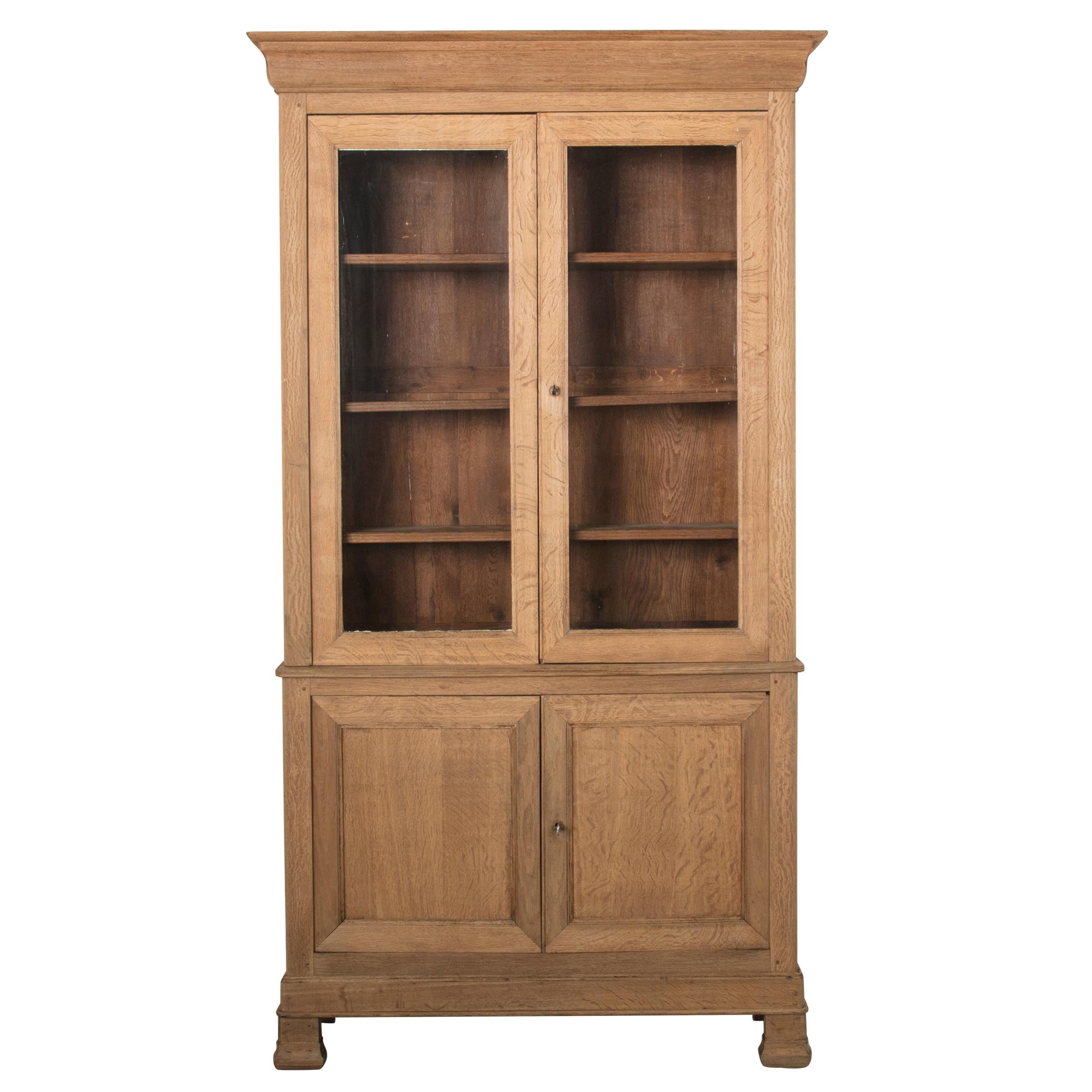 19th Century French Louis Philippe Period Oak Bookcase with Hand Blown Glass