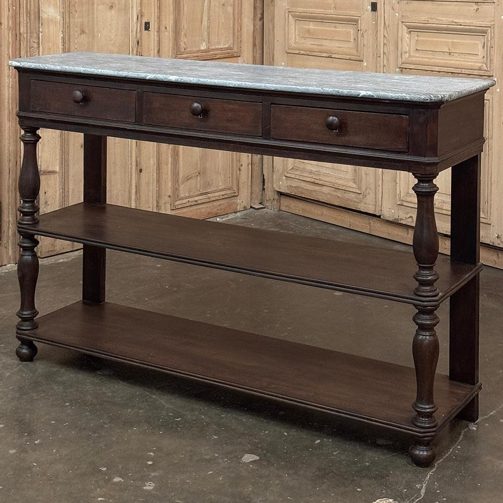 19th Century French Louis Philippe Server ~ Console ~ Etagere is a versatile design, with three surfaces, three drawers and a luxurious marble top that provides carefree elegance.  The tailored architecture of the design has proven popular for