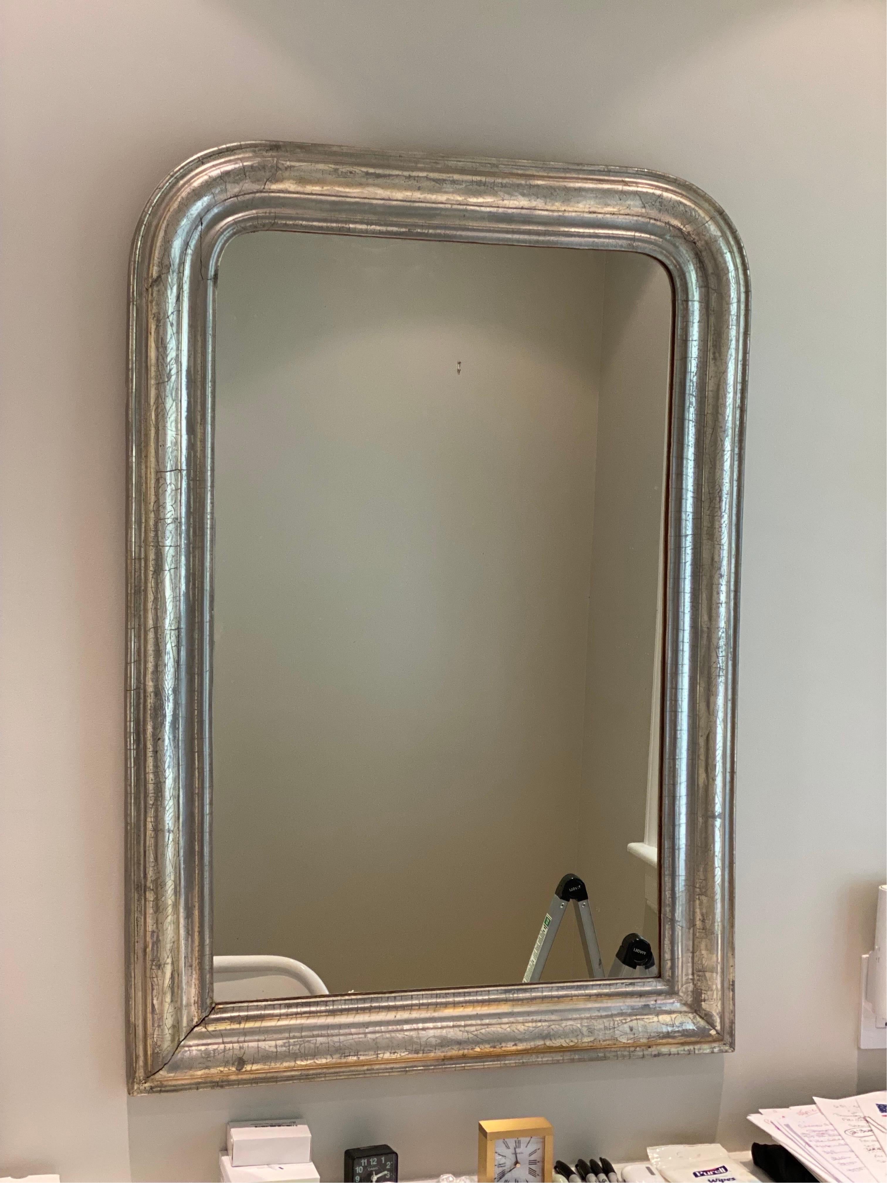 19th Century French Louis Philippe Silver Gilt mirror
Carved wood frame in a lovely silver gilt finish. Good overall condition. Some light wear and chips in some spots. Vibrant finish.

29.25