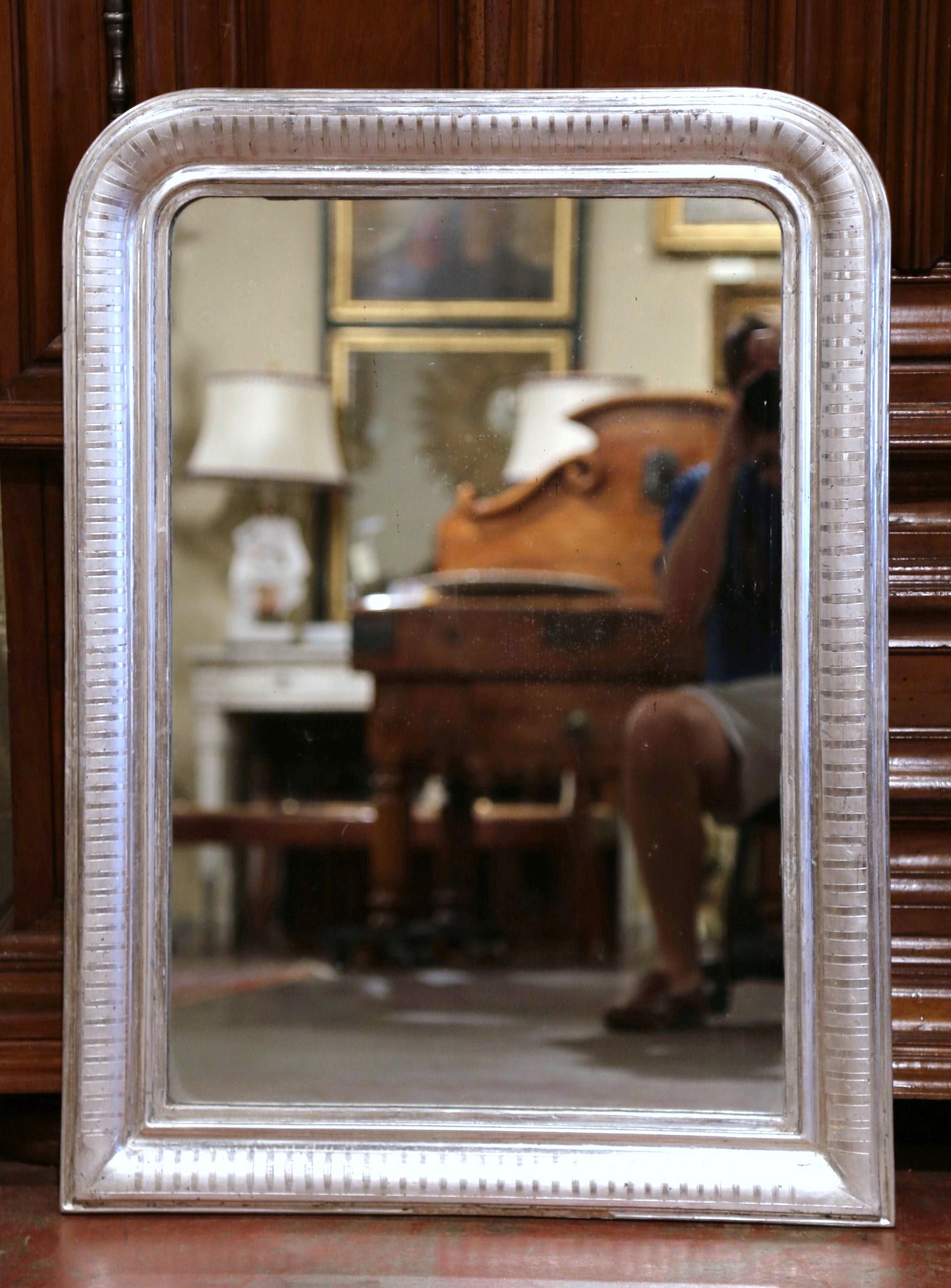 Mercury Glass 19th Century French Louis Philippe Silver Leaf Mirror with Engraved Stripe Decor