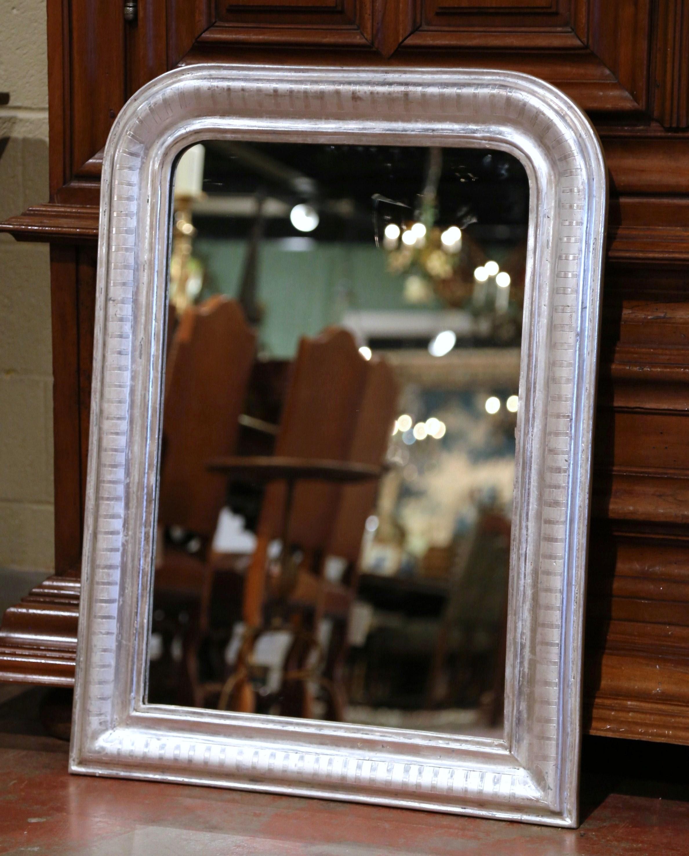 Mercury Glass 19th Century French Louis Philippe Silver Leaf Mirror with Engraved Stripe Decor