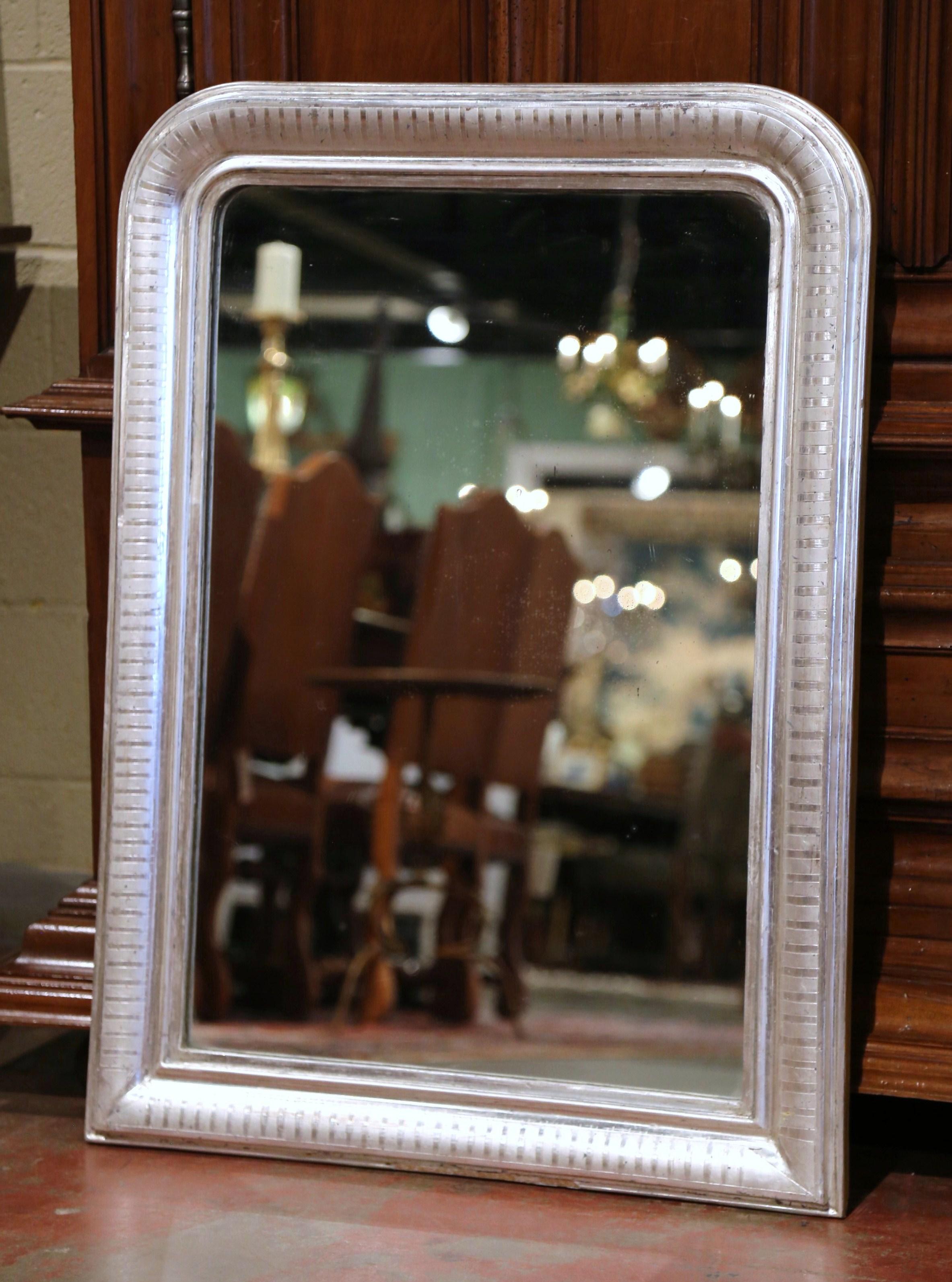 19th Century French Louis Philippe Silver Leaf Mirror with Engraved Stripe Decor 2