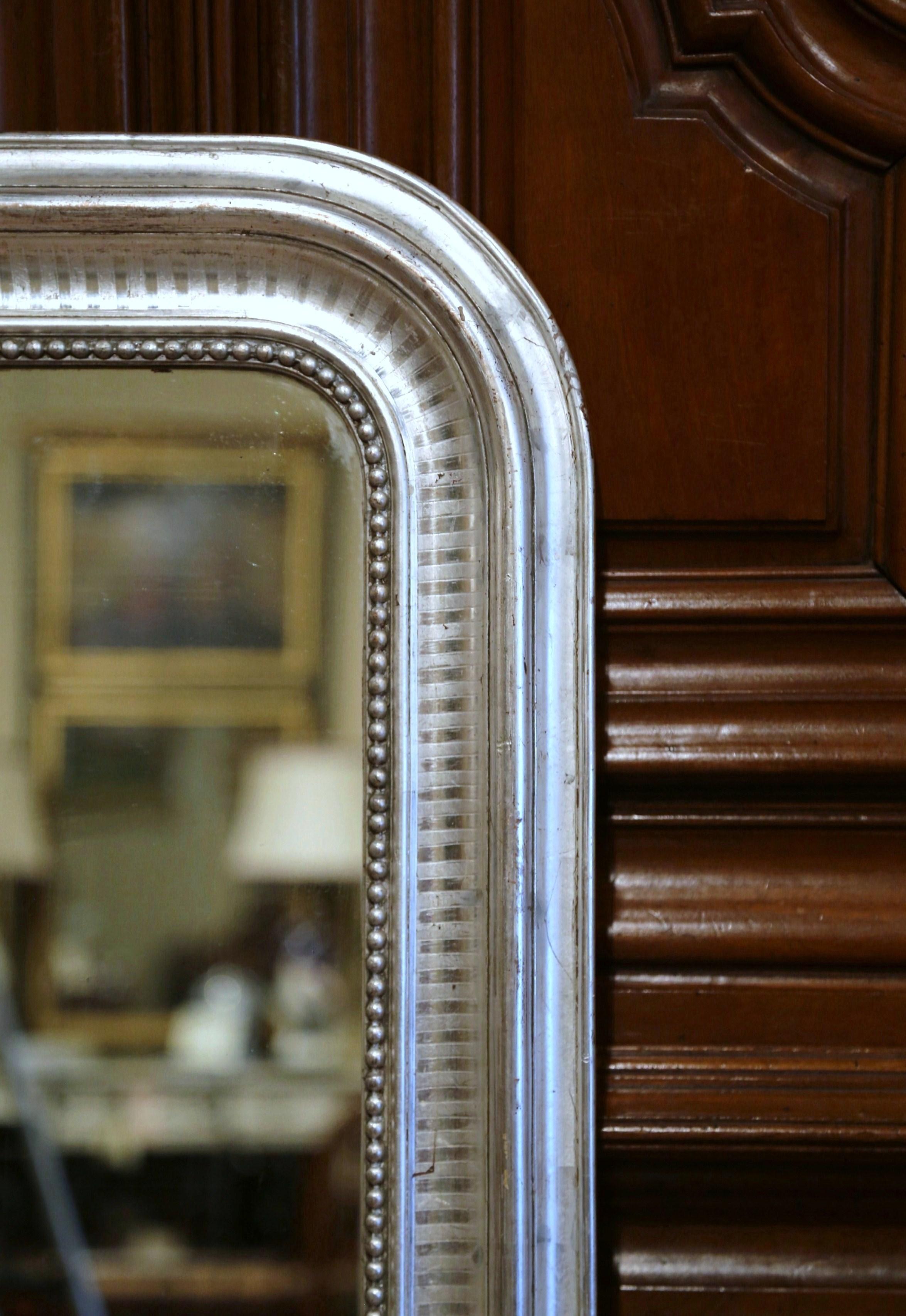 19th Century French Louis Philippe Silver Leaf Mirror with Engraved Stripe Decor 1