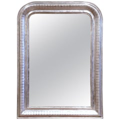 Antique 19th Century French Louis Philippe Silver Leaf Mirror with Engraved Stripe Decor