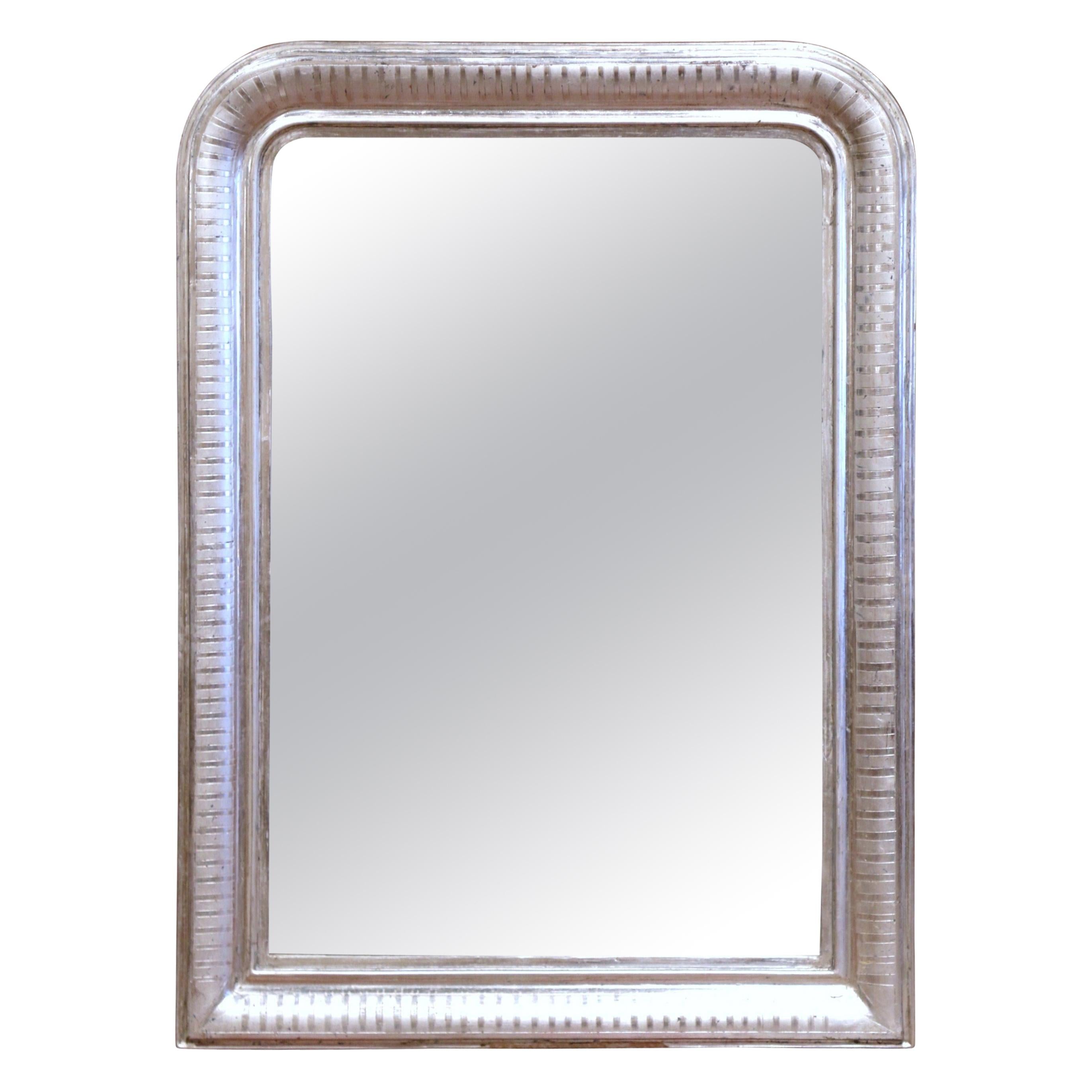 19th Century French Louis Philippe Silver Leaf Mirror with Engraved Stripe Decor