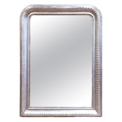 19th Century French Louis Philippe Silver Leaf Mirror with Engraved Stripe Decor