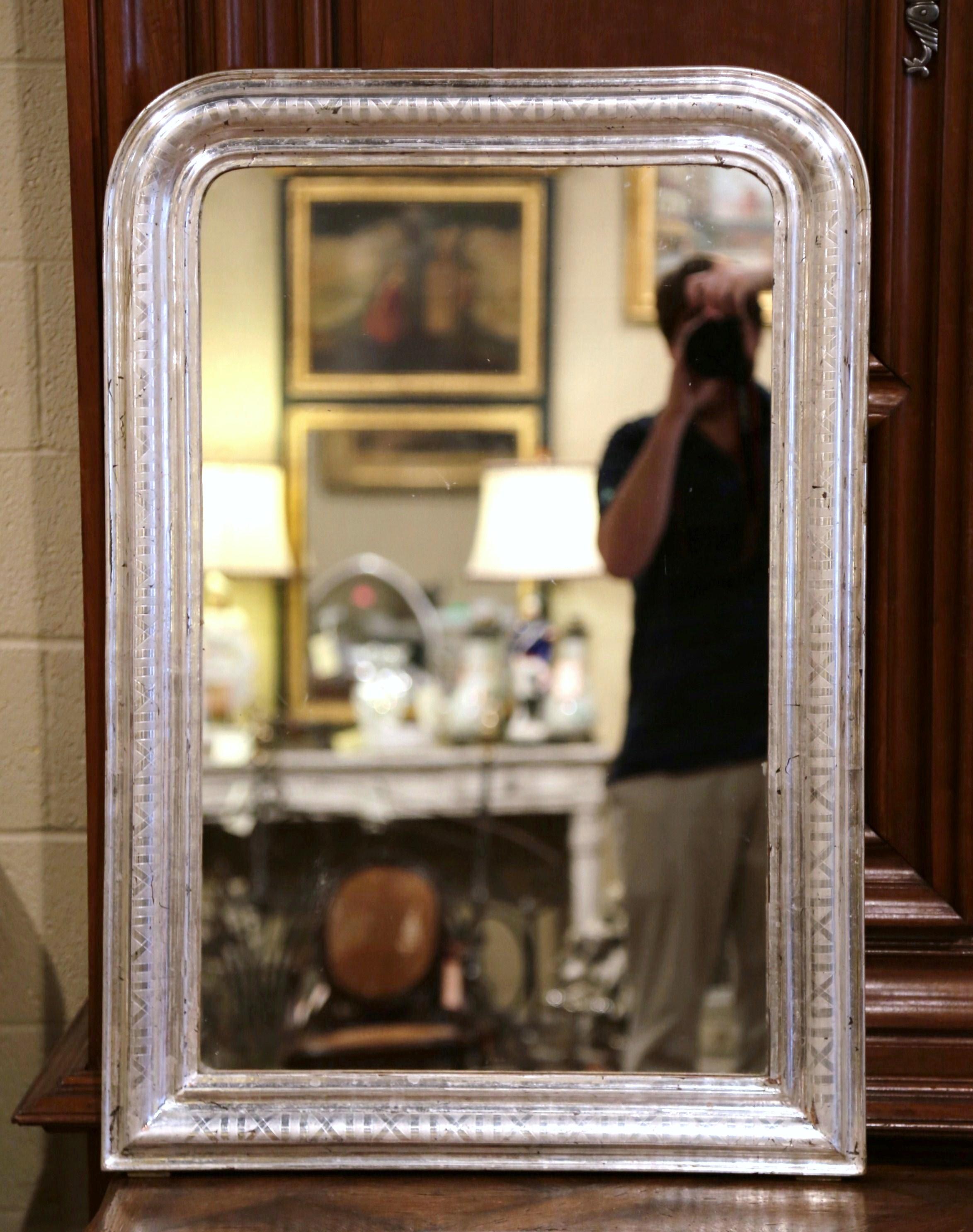 19th Century French Louis Philippe Silver Leaf Mirror with Geometric Motifs In Excellent Condition In Dallas, TX