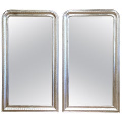 19th Century French Louis Philippe Silver Leaf Mirrors with Engraved Decor, Pair