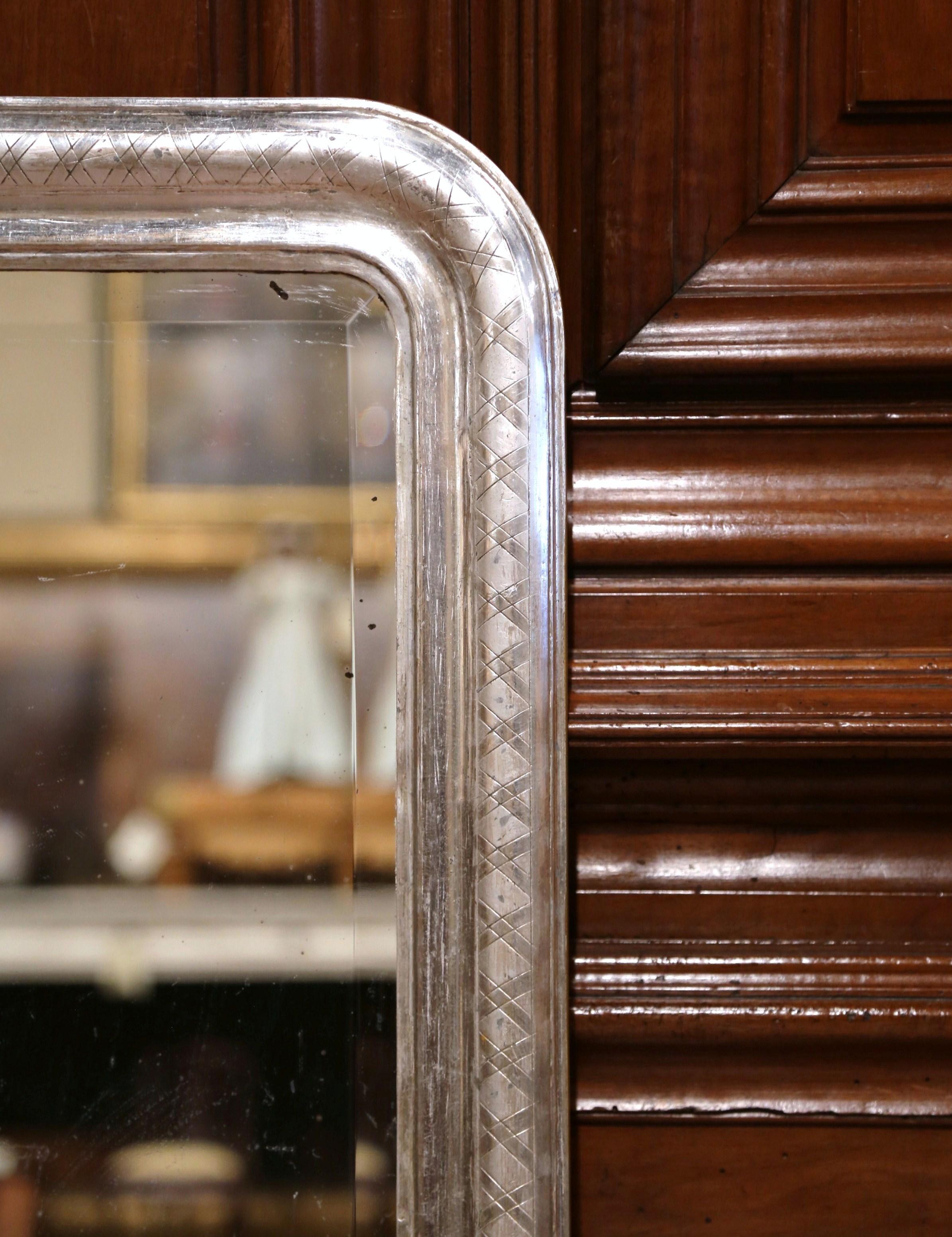 19th Century French Louis Philippe Silver Leaf Wall Mirror with Engraved X-Decor In Excellent Condition In Dallas, TX