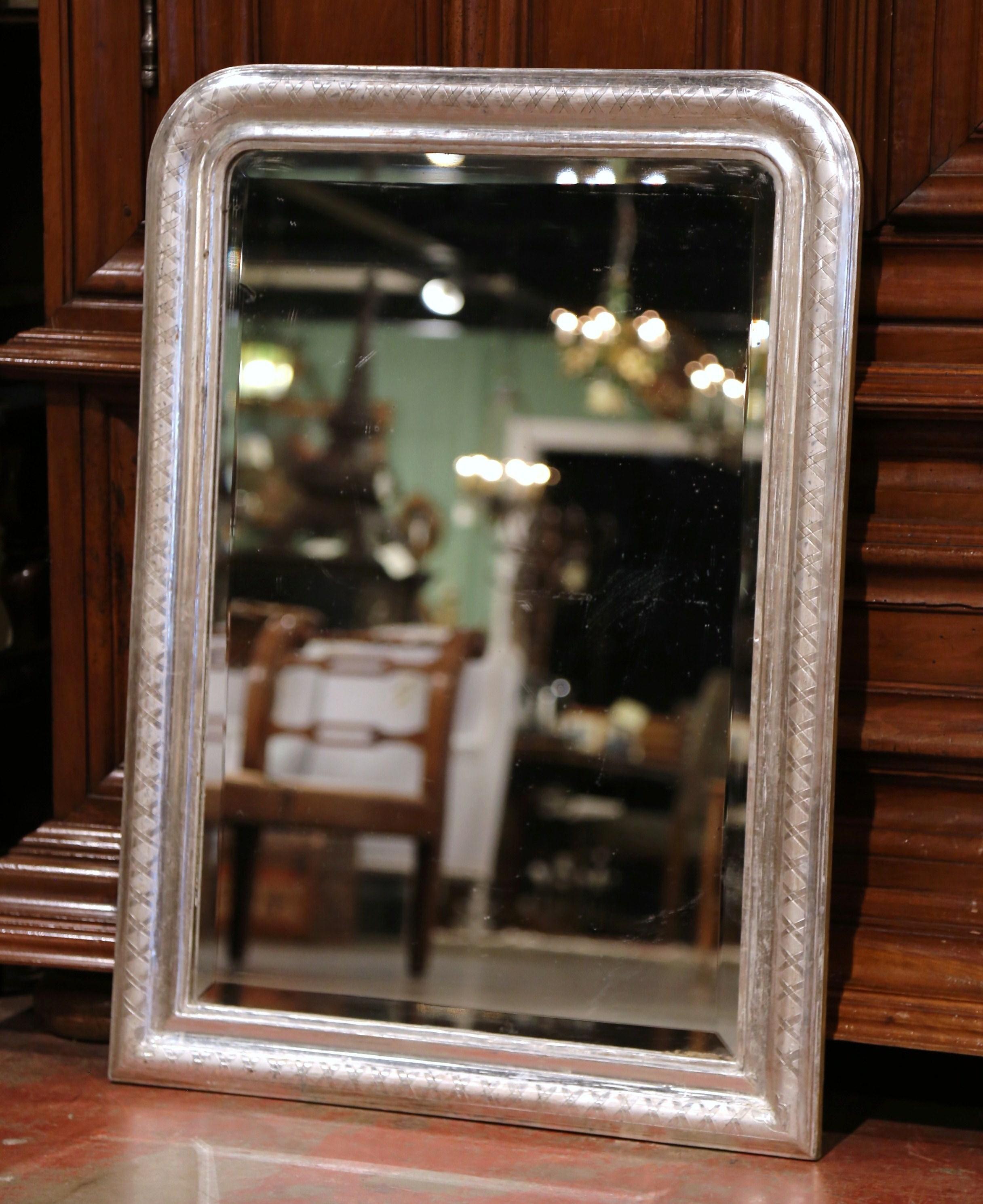 19th Century French Louis Philippe Silver Leaf Wall Mirror with Engraved X-Decor 2