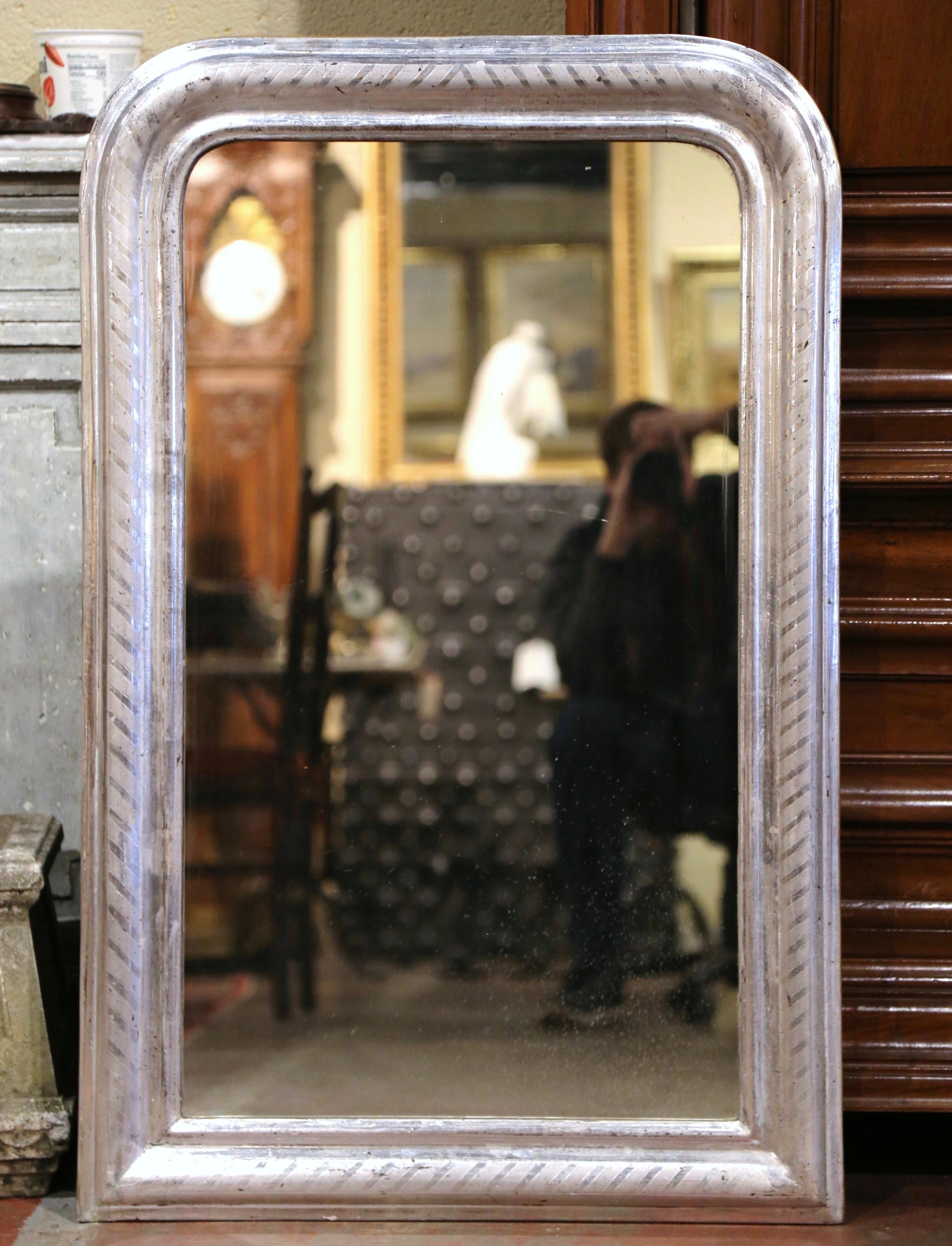 Mercury Glass 19th Century French Louis Philippe Silver Leaf Wall Mirror with Geometric Motifs