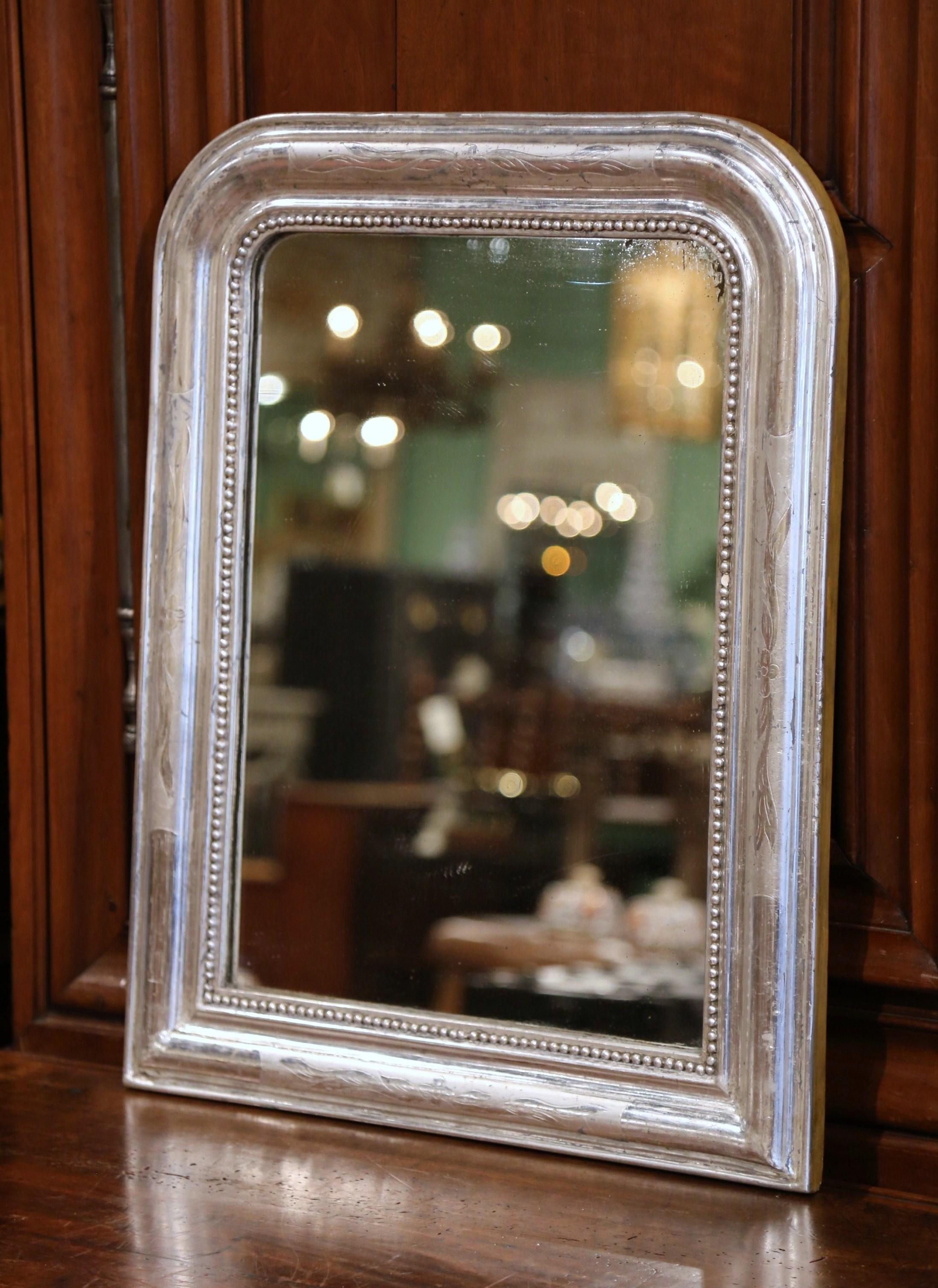 Hand-Crafted 19th Century French Louis Philippe Silver Mirror with Engraved Floral Decor