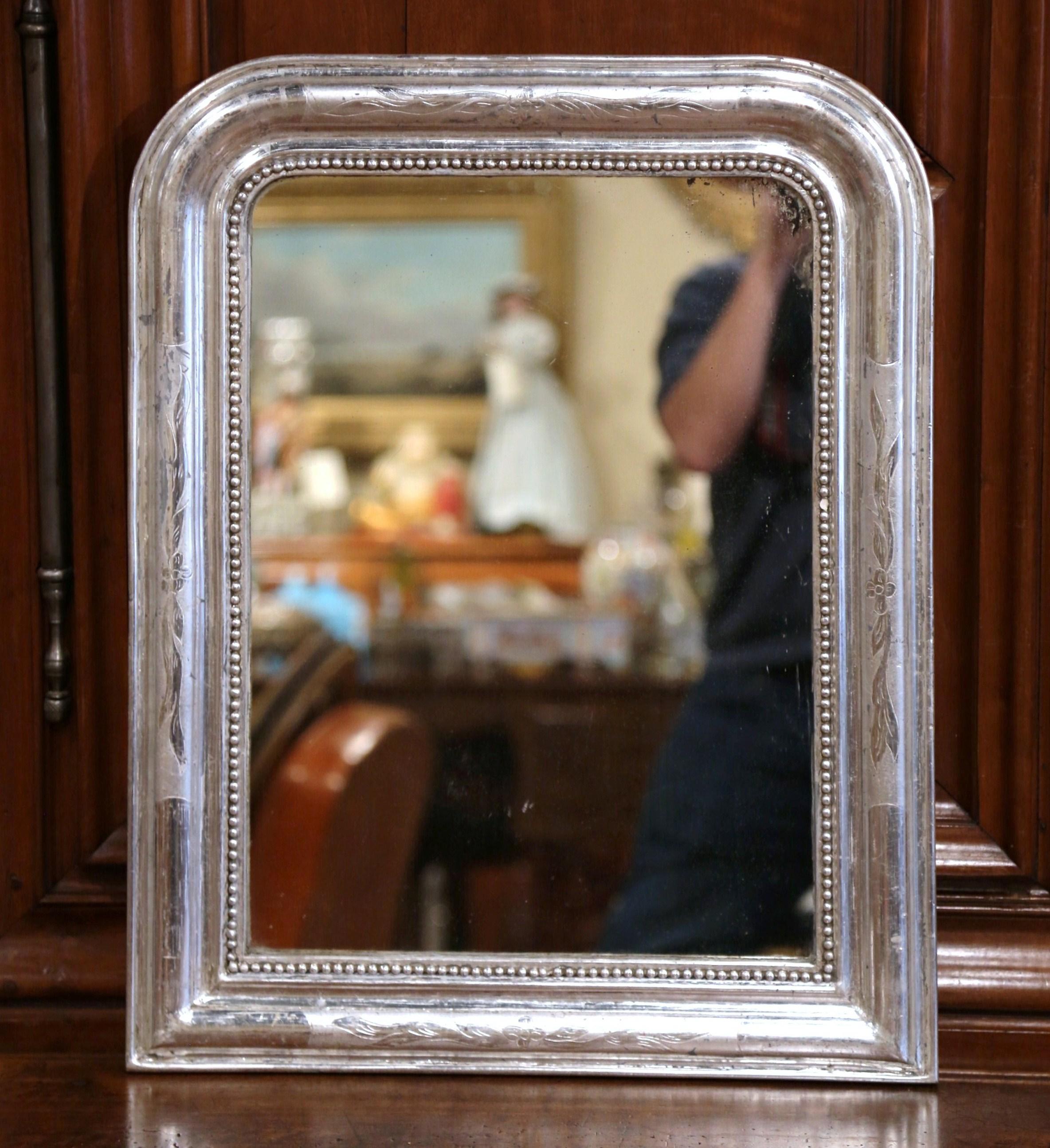 19th Century French Louis Philippe Silver Mirror with Engraved Floral Decor In Excellent Condition In Dallas, TX