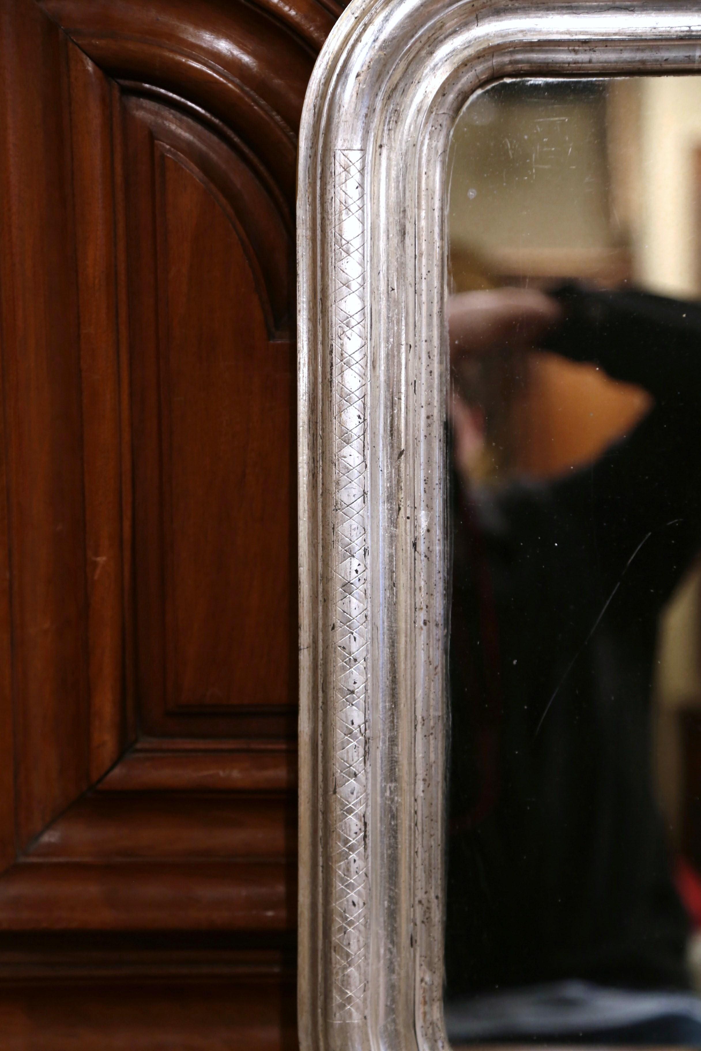 19th Century French Louis Philippe Silver Mirror with Engraved Geometric Decor In Excellent Condition In Dallas, TX