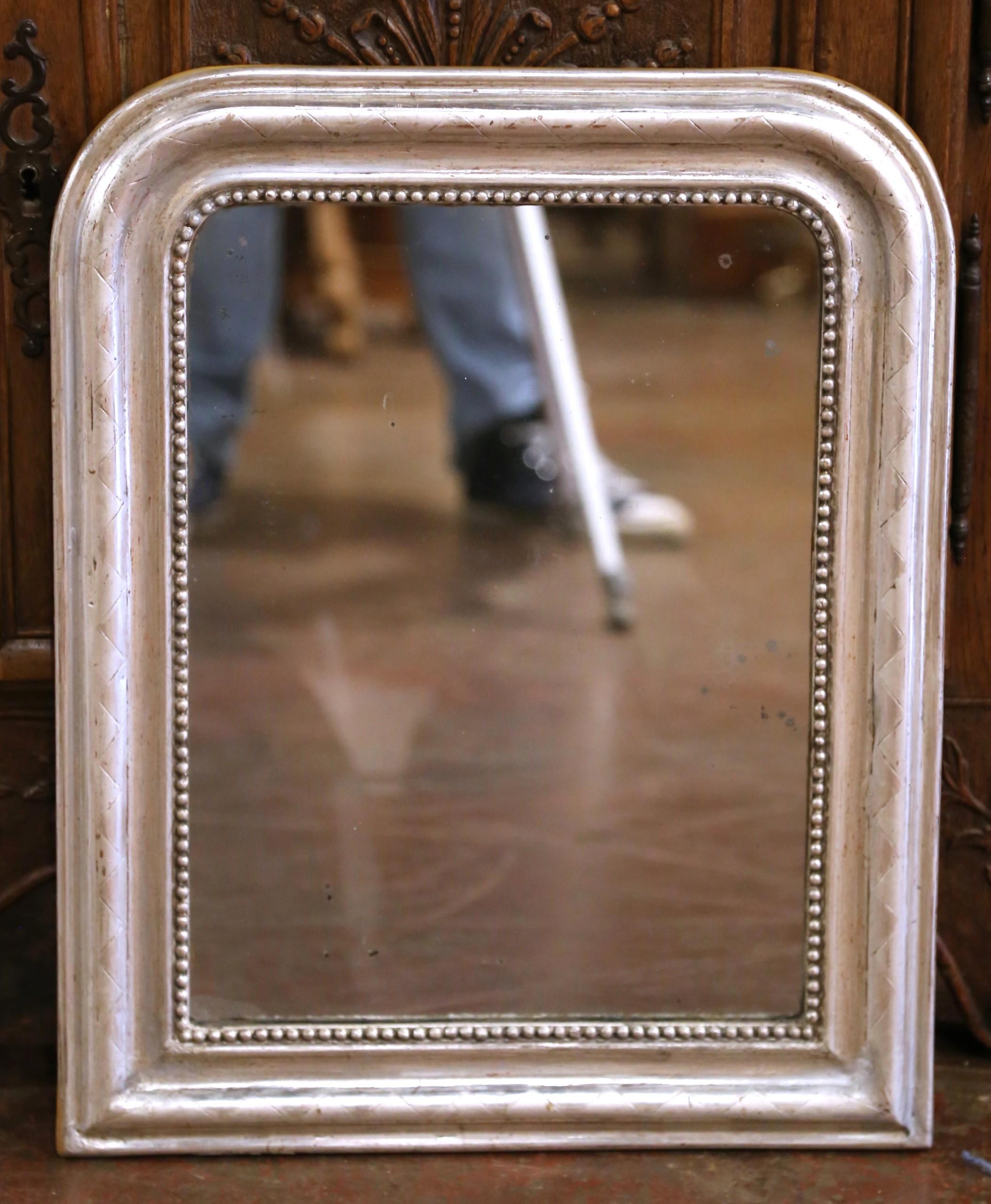 Mercury Glass 19th Century French Louis Philippe Silvered Mirror with Beaded Trim For Sale