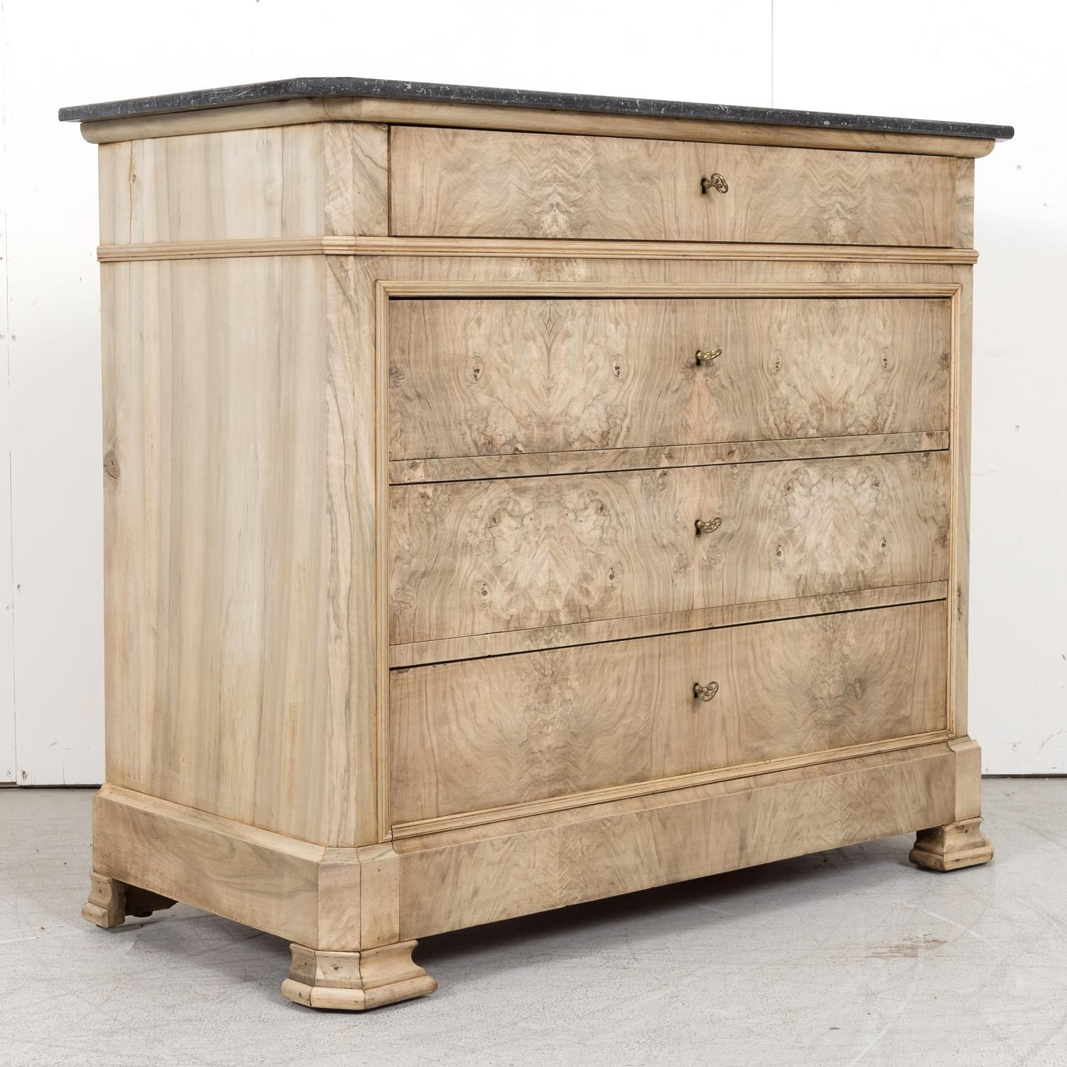 19th Century French Louis Philippe Style Bleached Walnut Commode with Marble Top In Good Condition In Birmingham, AL