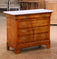19th Century French Louis Philippe Walnut Commode Chest with White Marble Top