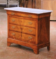 19th Century French Louis Philippe Walnut Commode Chest with White Marble Top