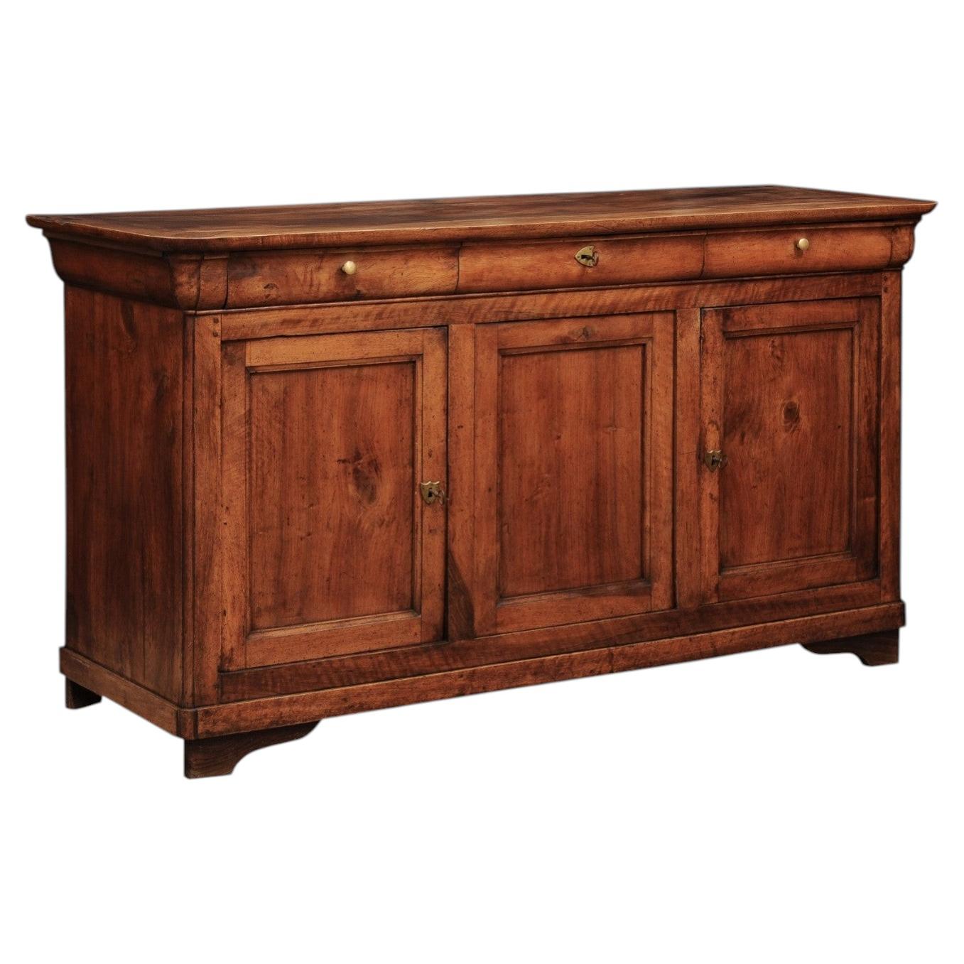 19th Century French Louis Philippe Walnut Enfilade with 3 Drawers and 3 Cabinet