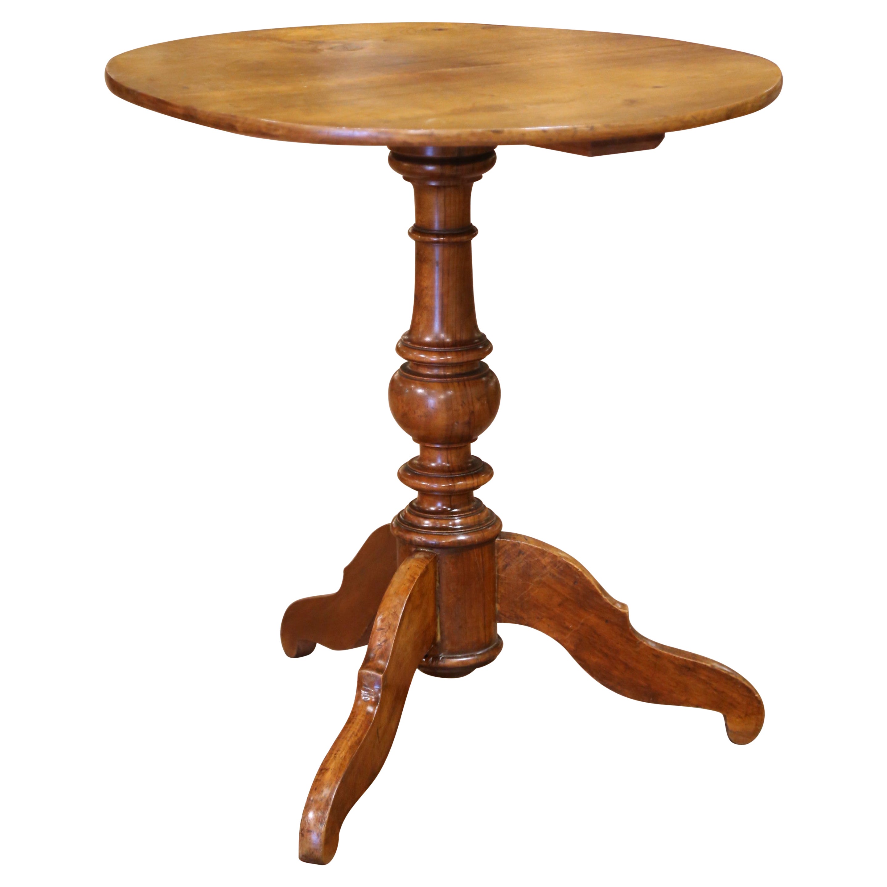 Gueridón francés de nogal Louis Philippe del siglo XIX con base de pedestal torneada en venta
