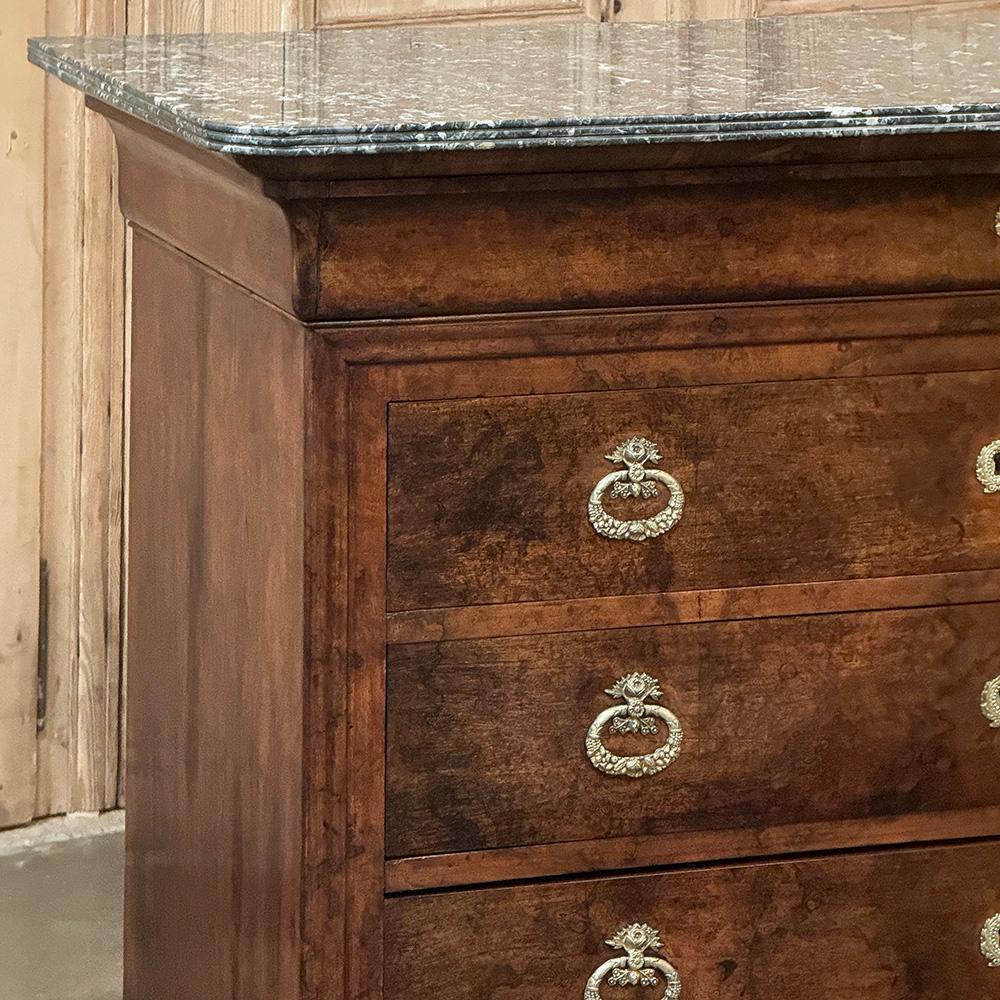 Brass 19th Century French Louis Philippe Walnut Marble Top Commode For Sale